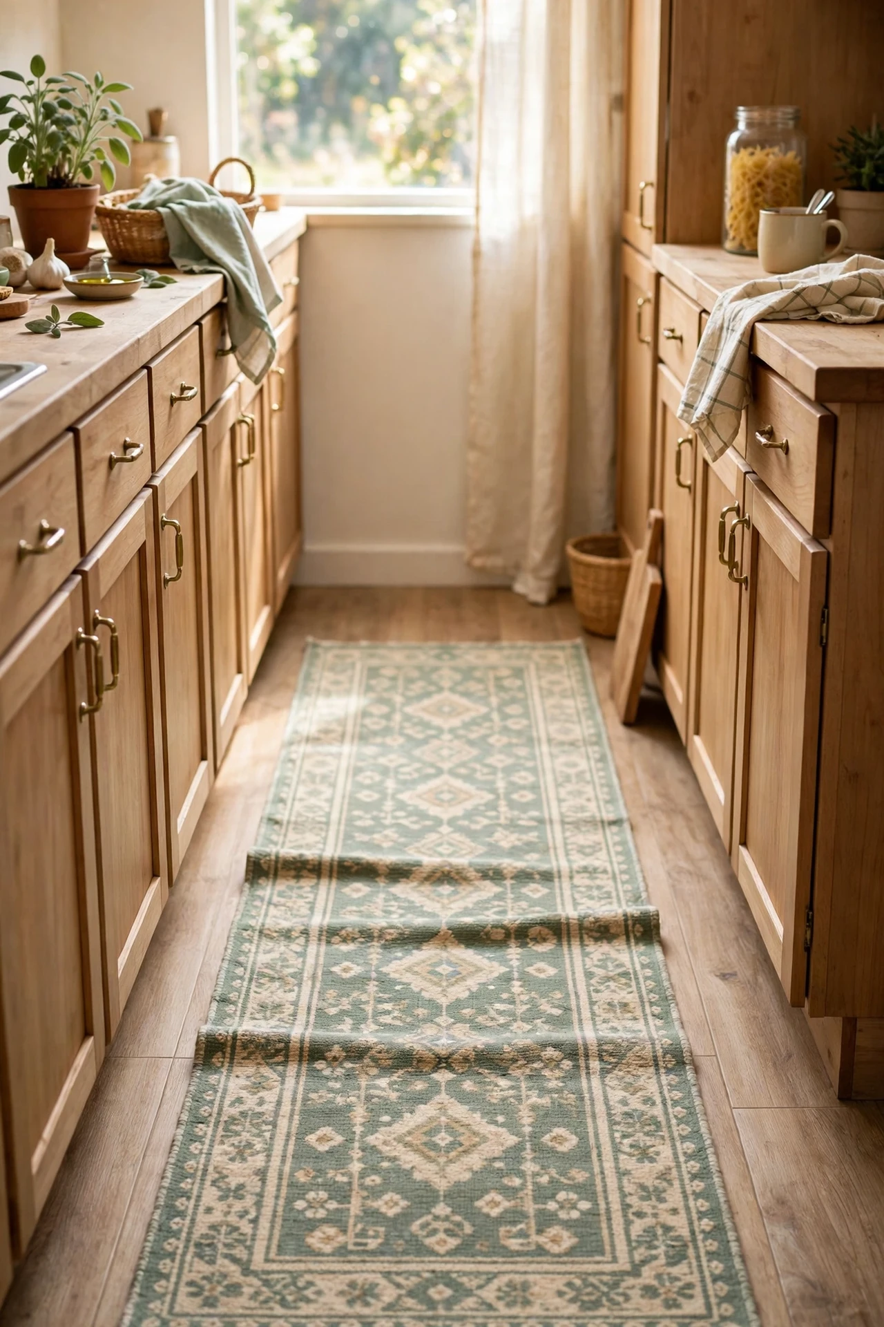 Sage patterned washable runner on kitchen floor