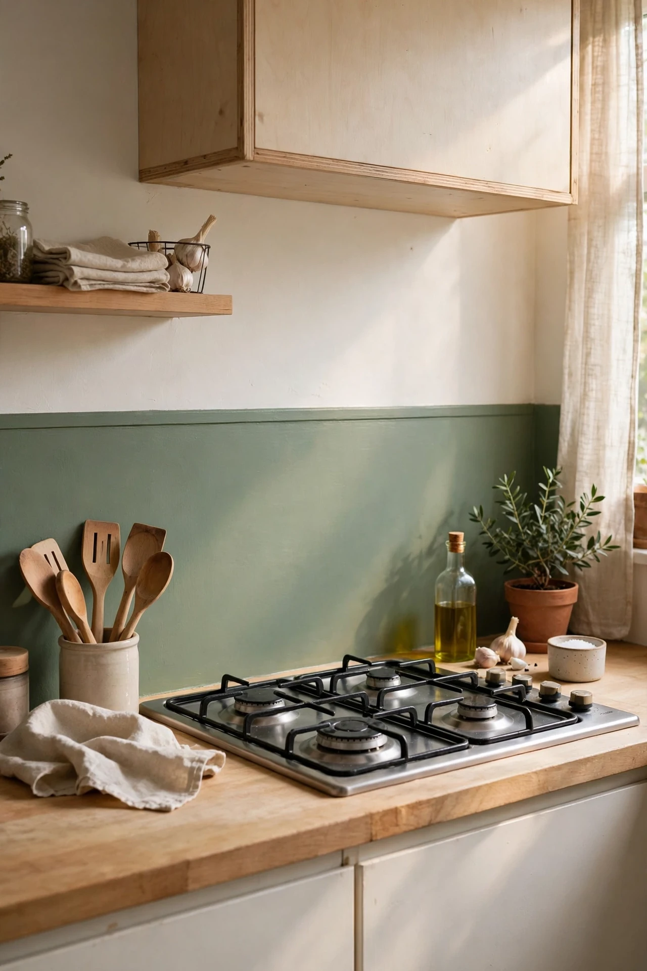 Sage green painted backsplash band behind hob
