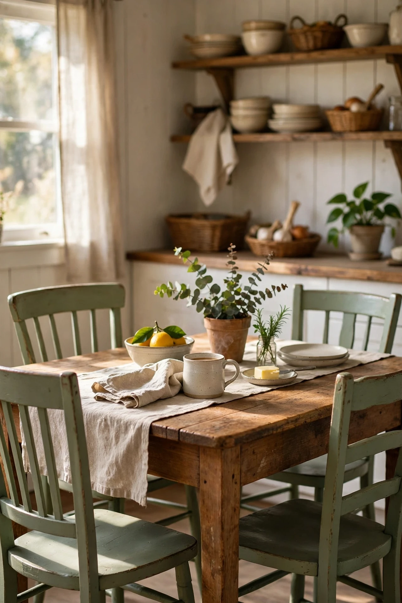 Secondhand chairs painted sage green chalk paint