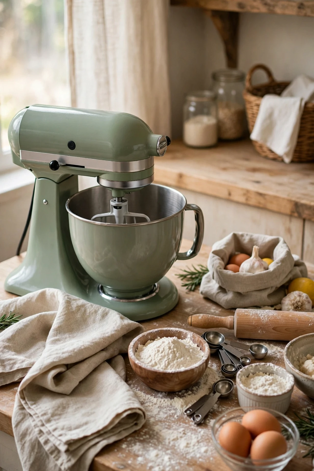 Sage green stand mixer on kitchen counter