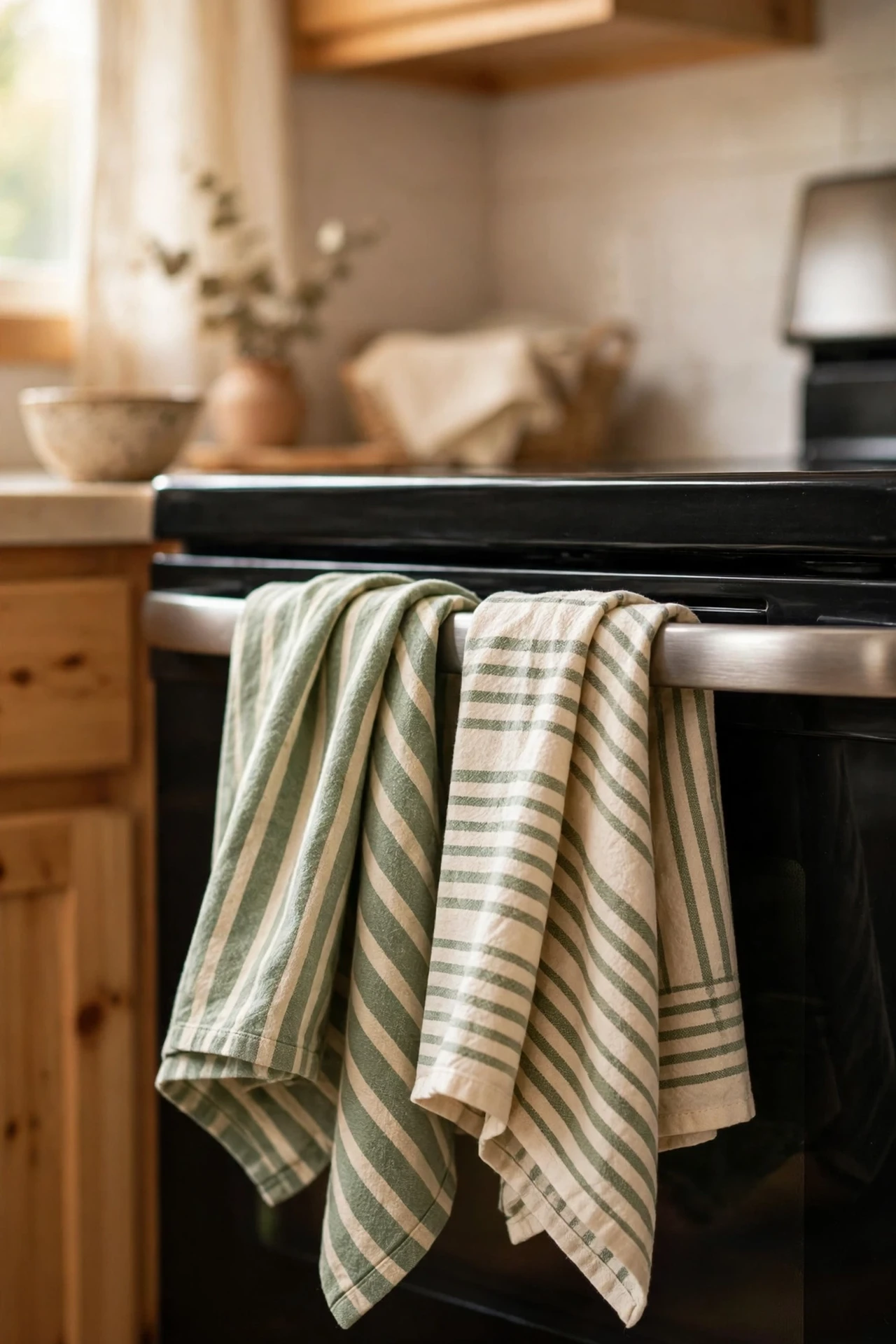 Sage striped tea towels on oven handle