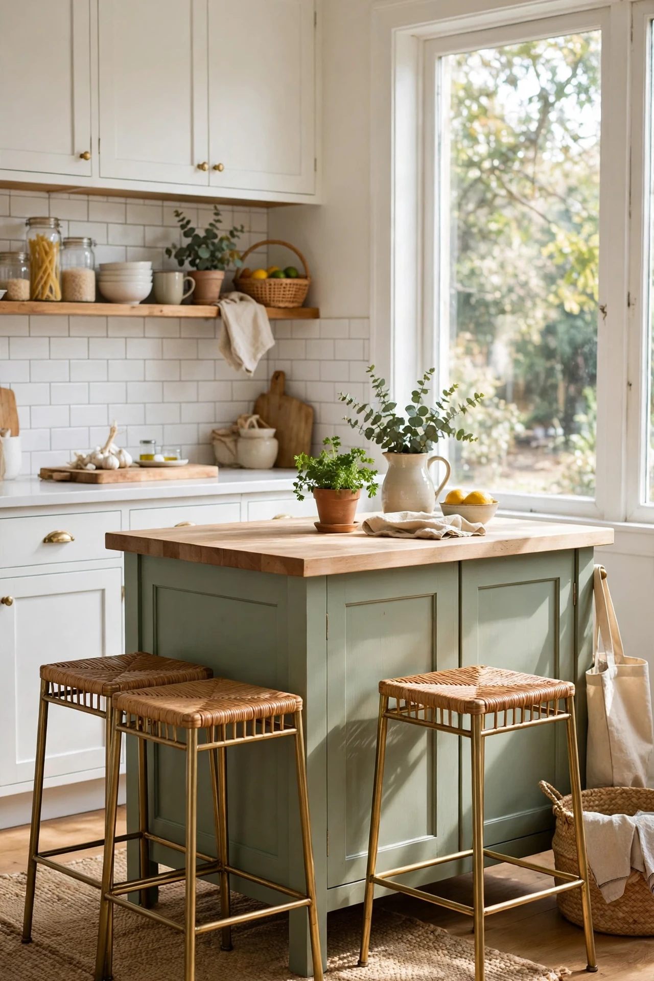 Kitchen island painted sage green enamel