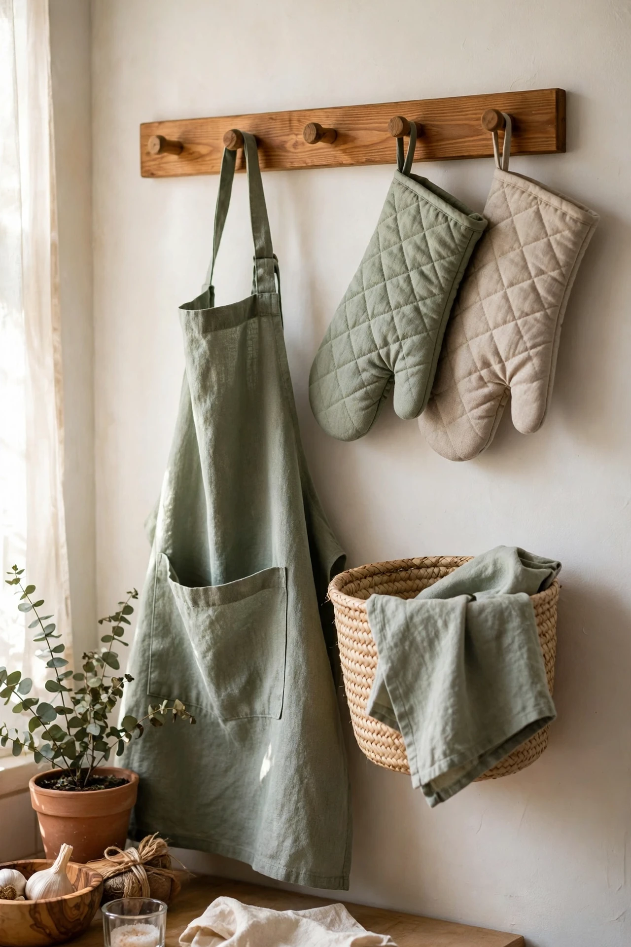 Sage linen aprons on peg hooks in kitchen