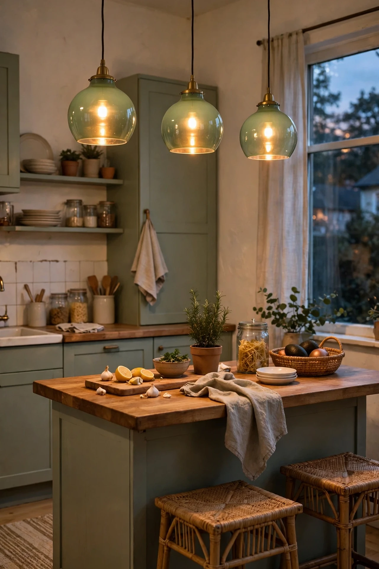 Sage green glass pendant lights over island