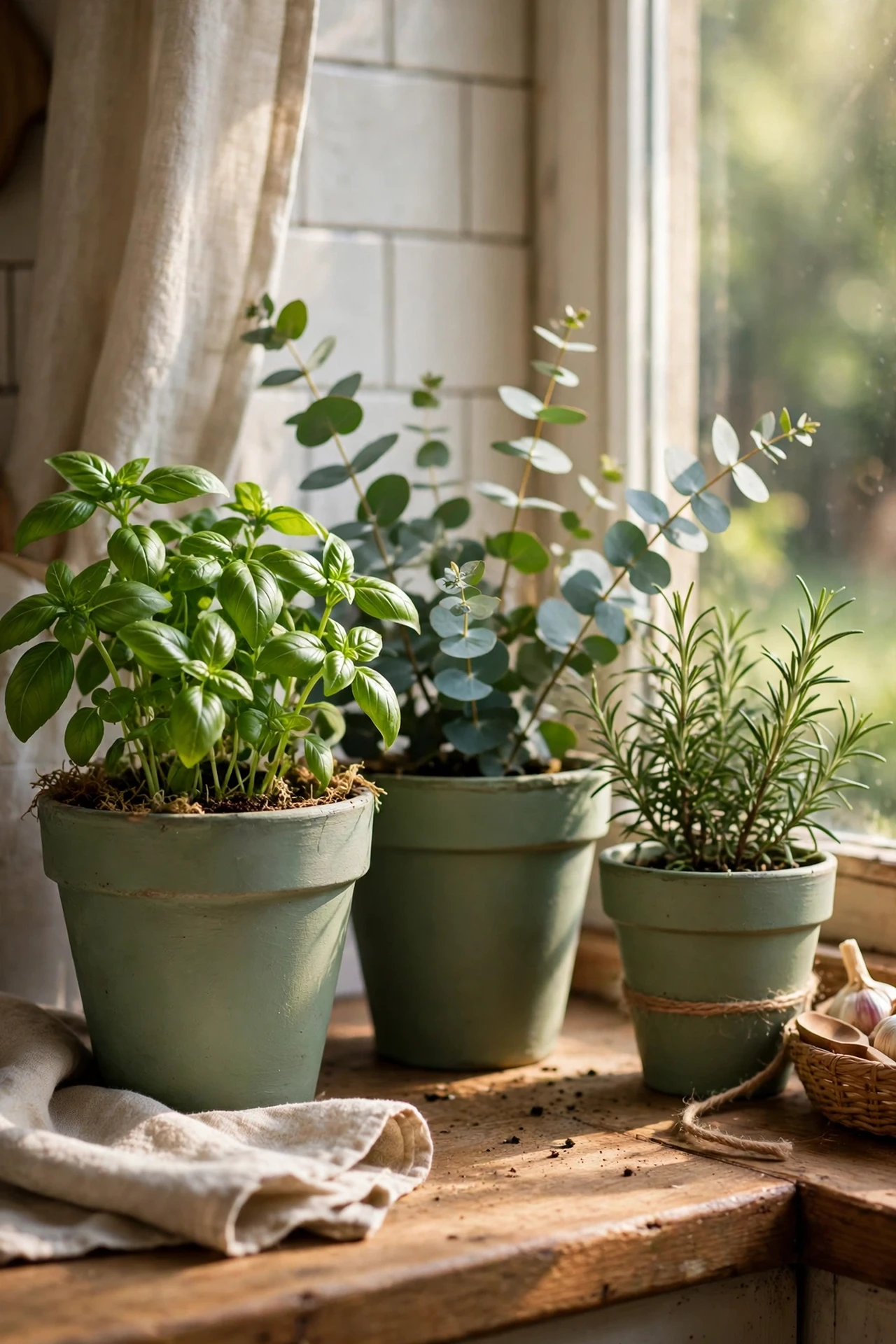 Sage painted pots with herbs on windowsill