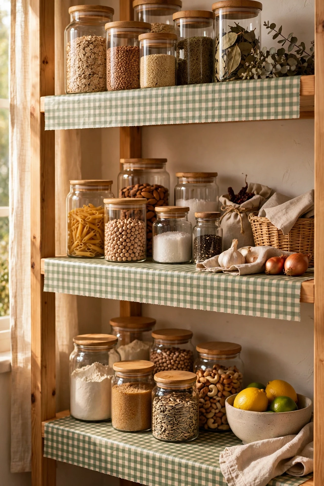 Pantry shelves lined with sage gingham contact paper