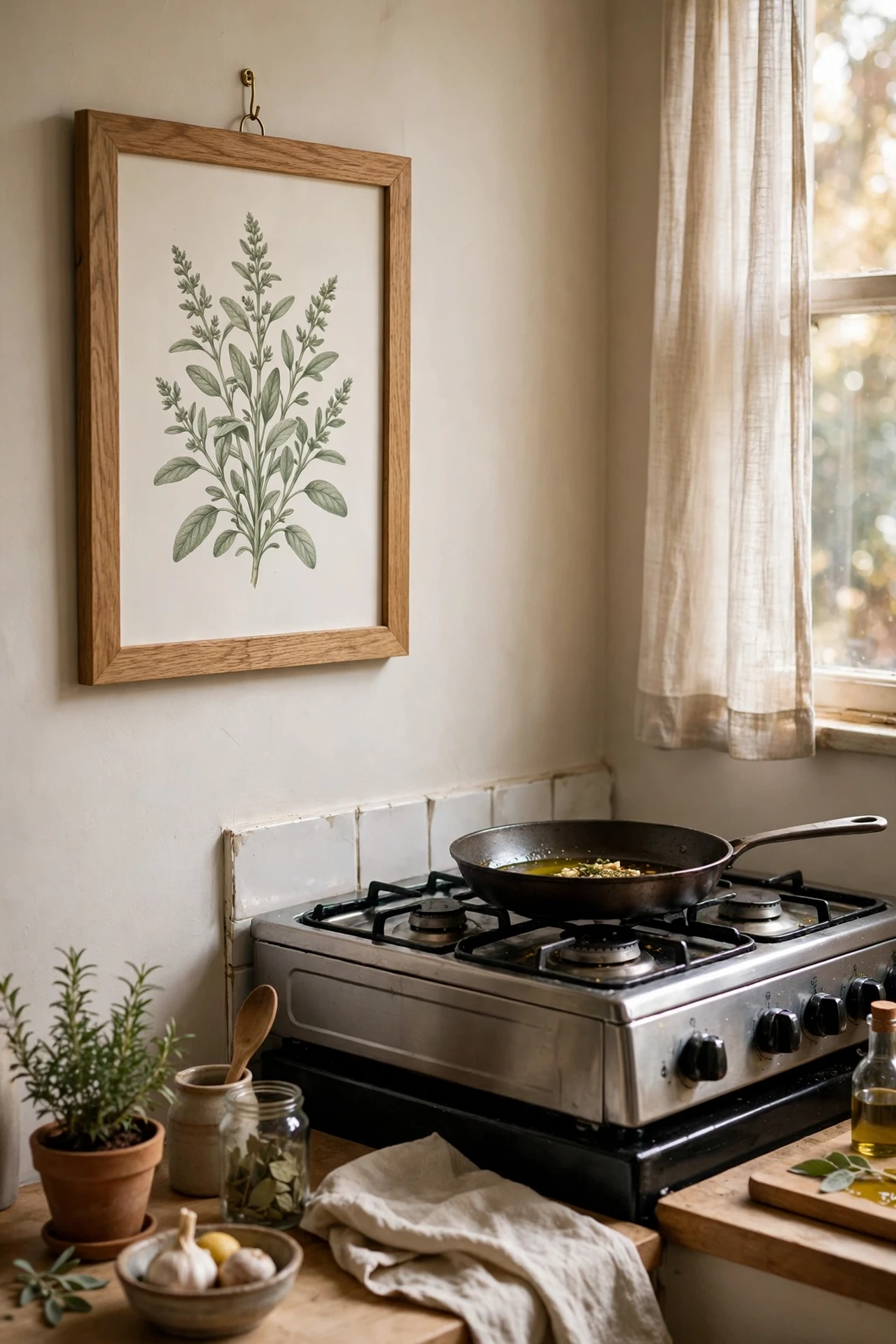 Framed sage botanical print in kitchen