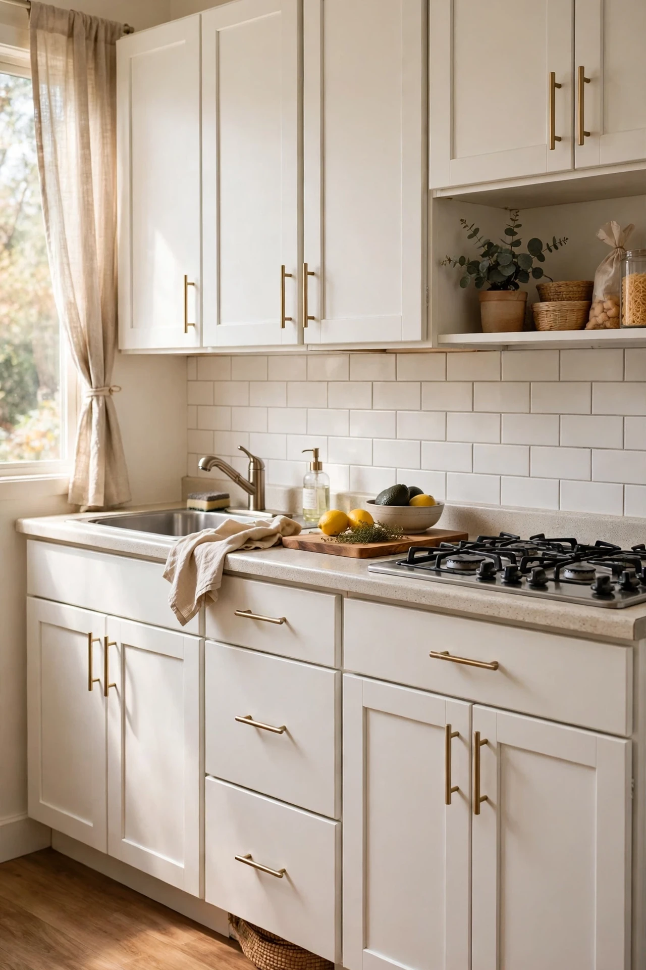 White kitchen cabinets with new brushed brass bar pulls installed