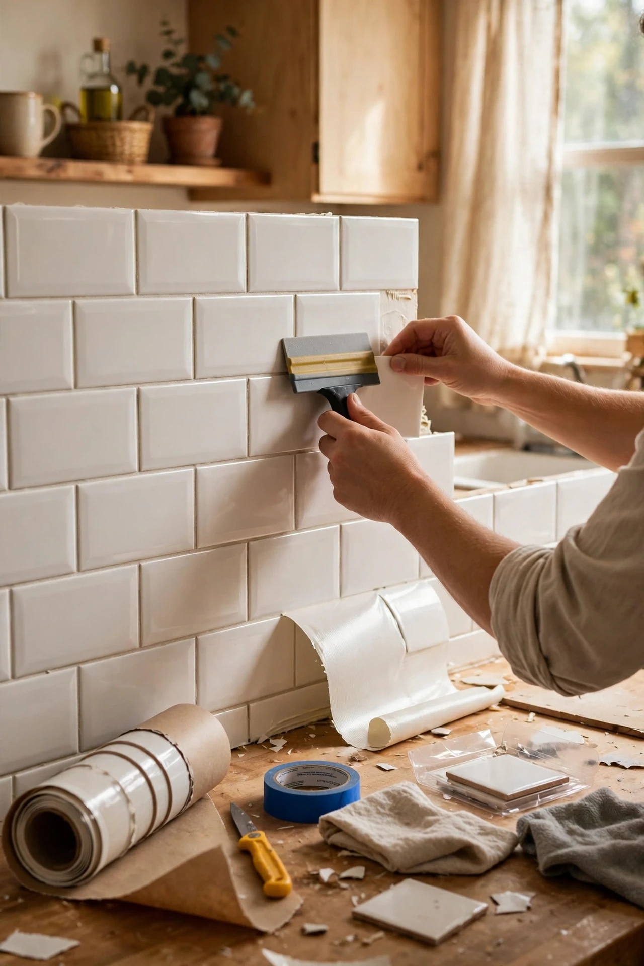 Kitchen splashback with peel-and-stick subway tiles in soft grey pattern