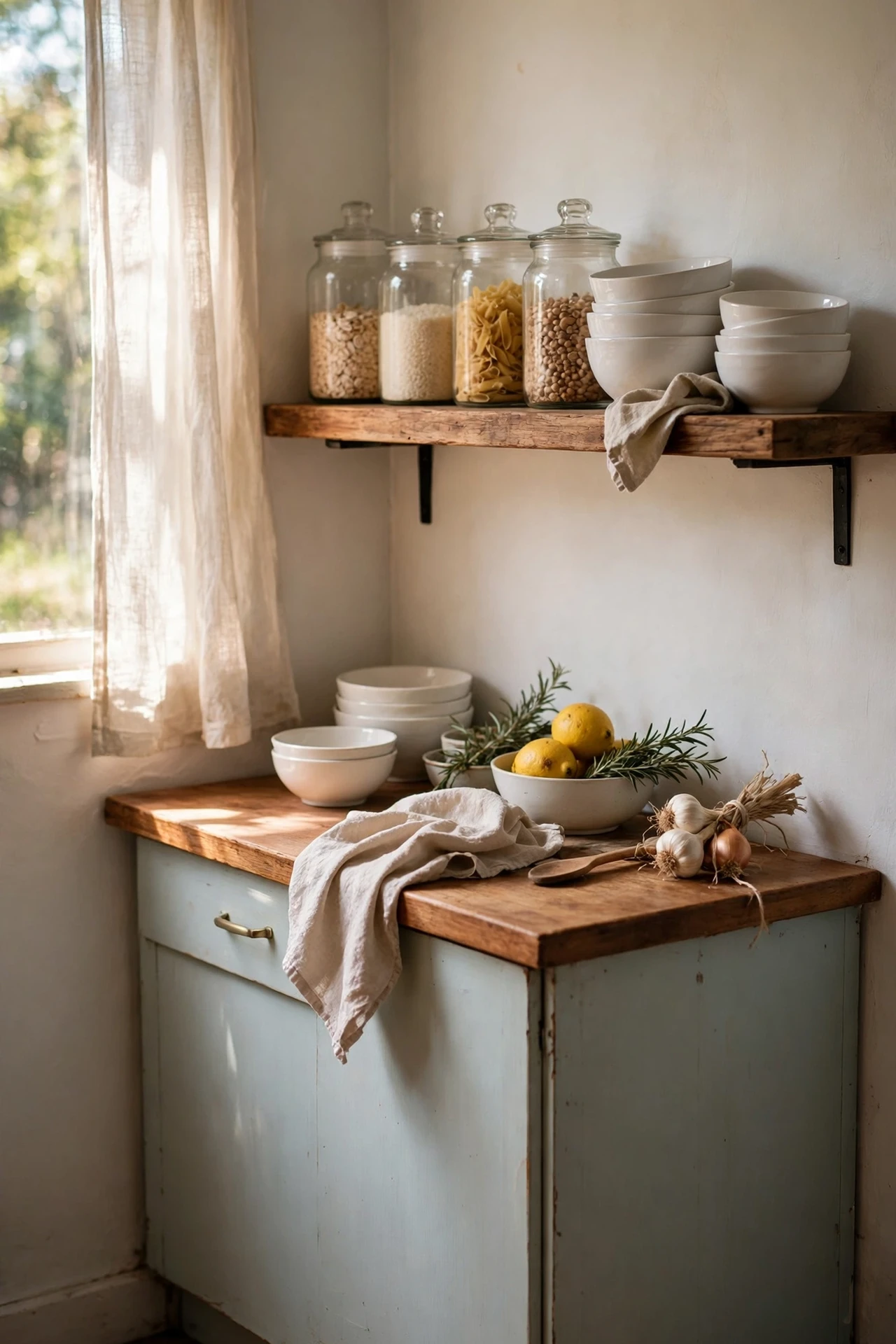Open wooden kitchen shelf styled with white bowls and jars