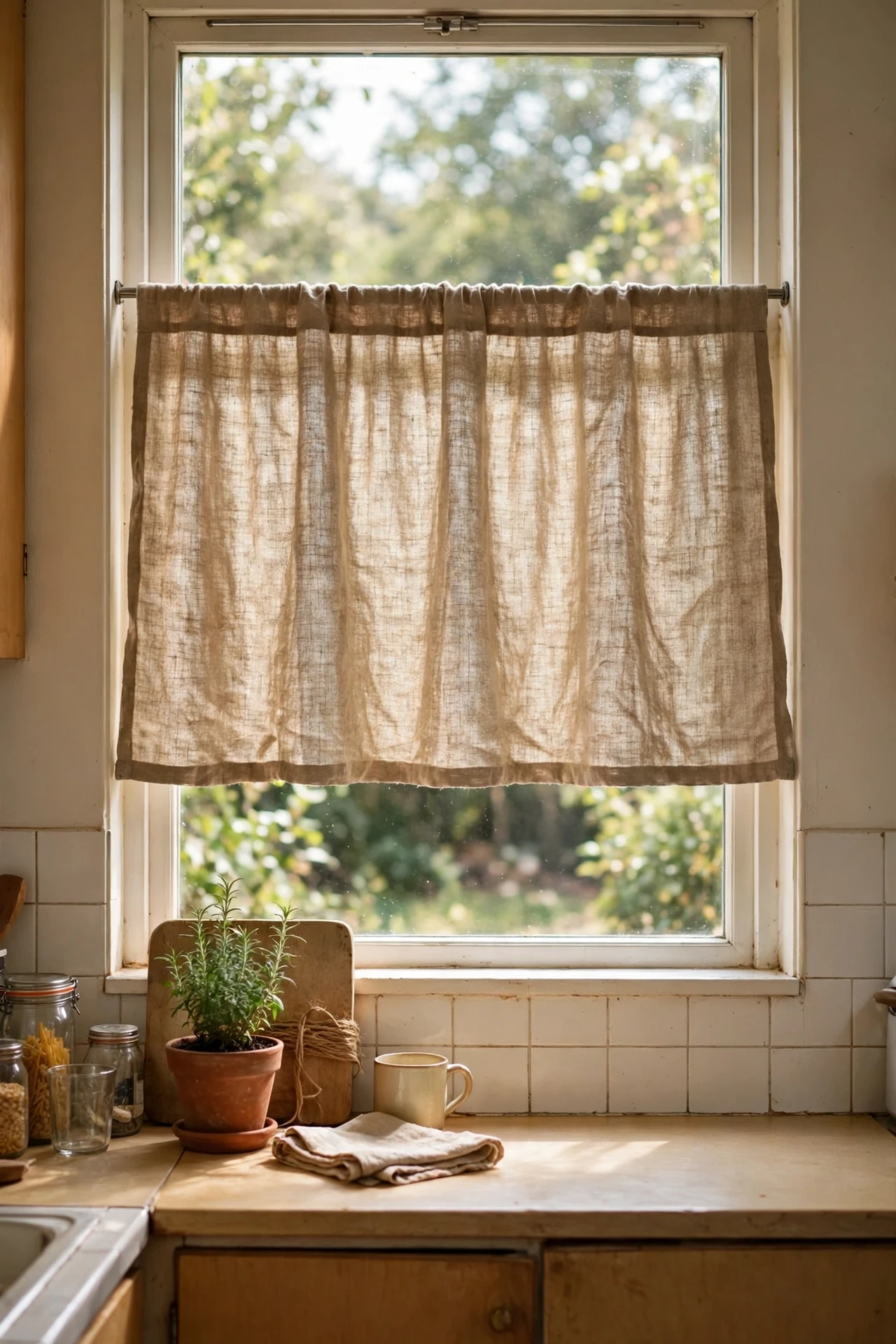 Kitchen window with natural linen cafe curtain on tension rod