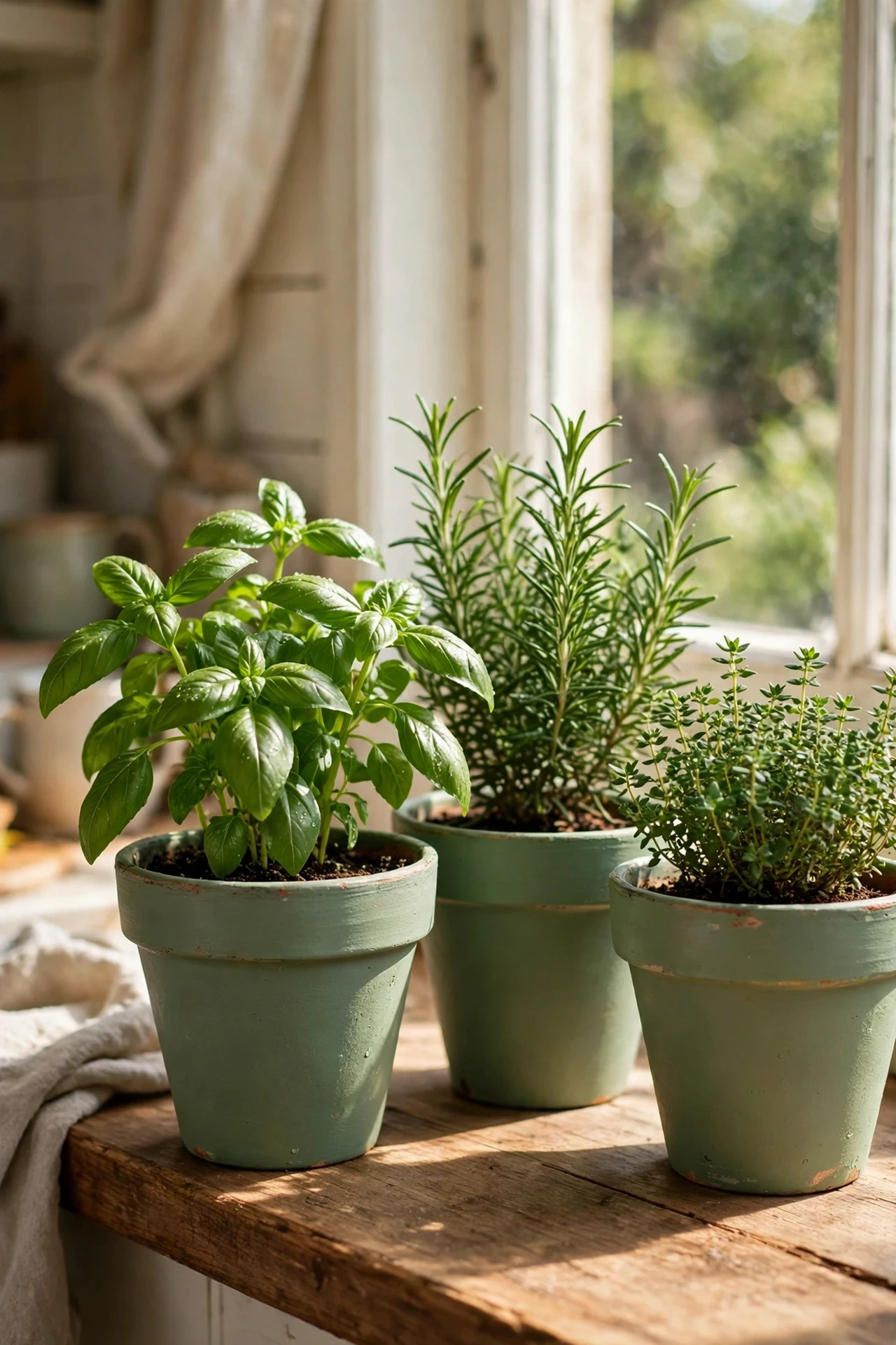Sage green painted terracotta pots with fresh basil on windowsill