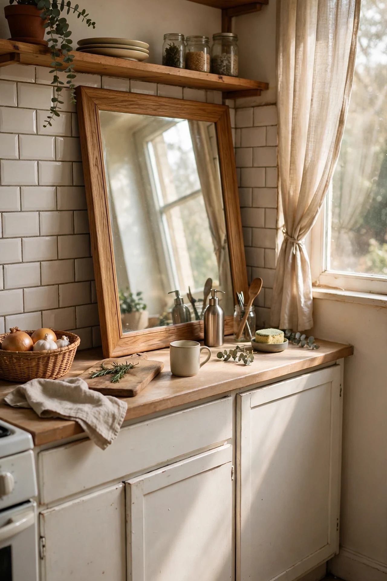 Large framed mirror leaning on kitchen worktop reflecting window light