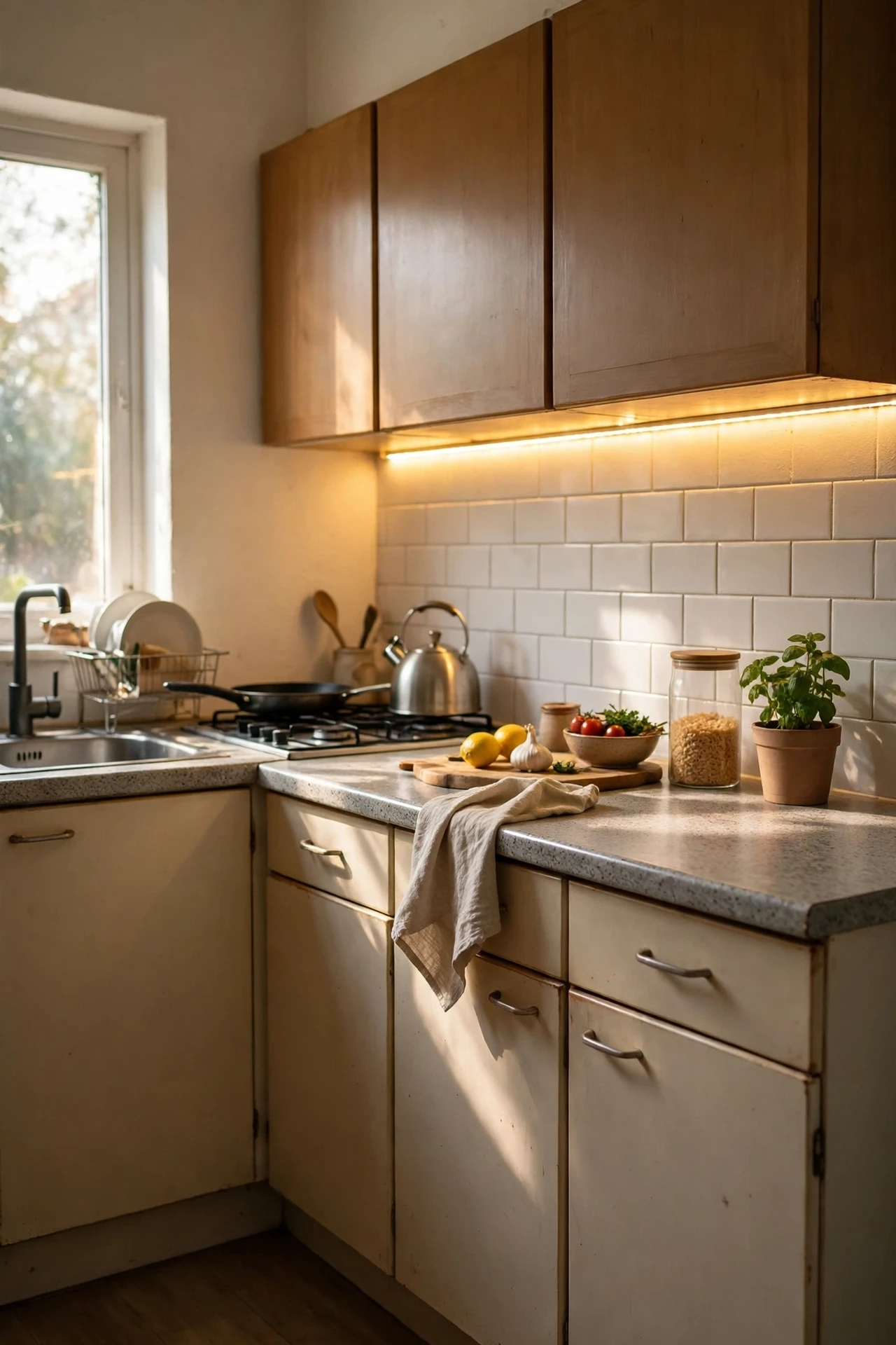 Warm LED strip lights glowing under kitchen wall cabinets in evening