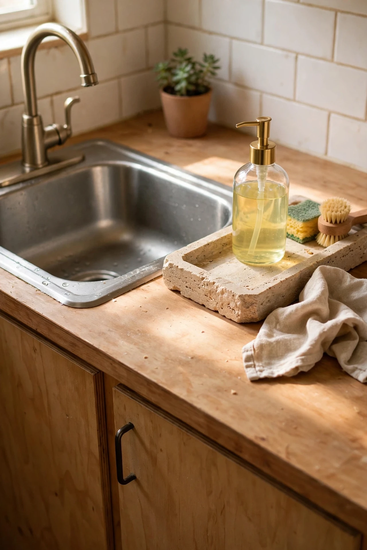 Kitchen sink zone with stone tray and glass soap dispenser