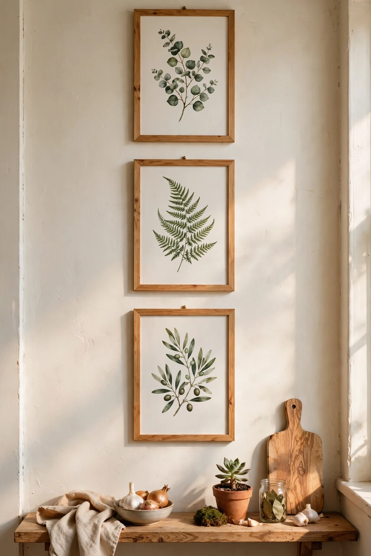 Small gallery of framed botanical printable prints on kitchen wall
