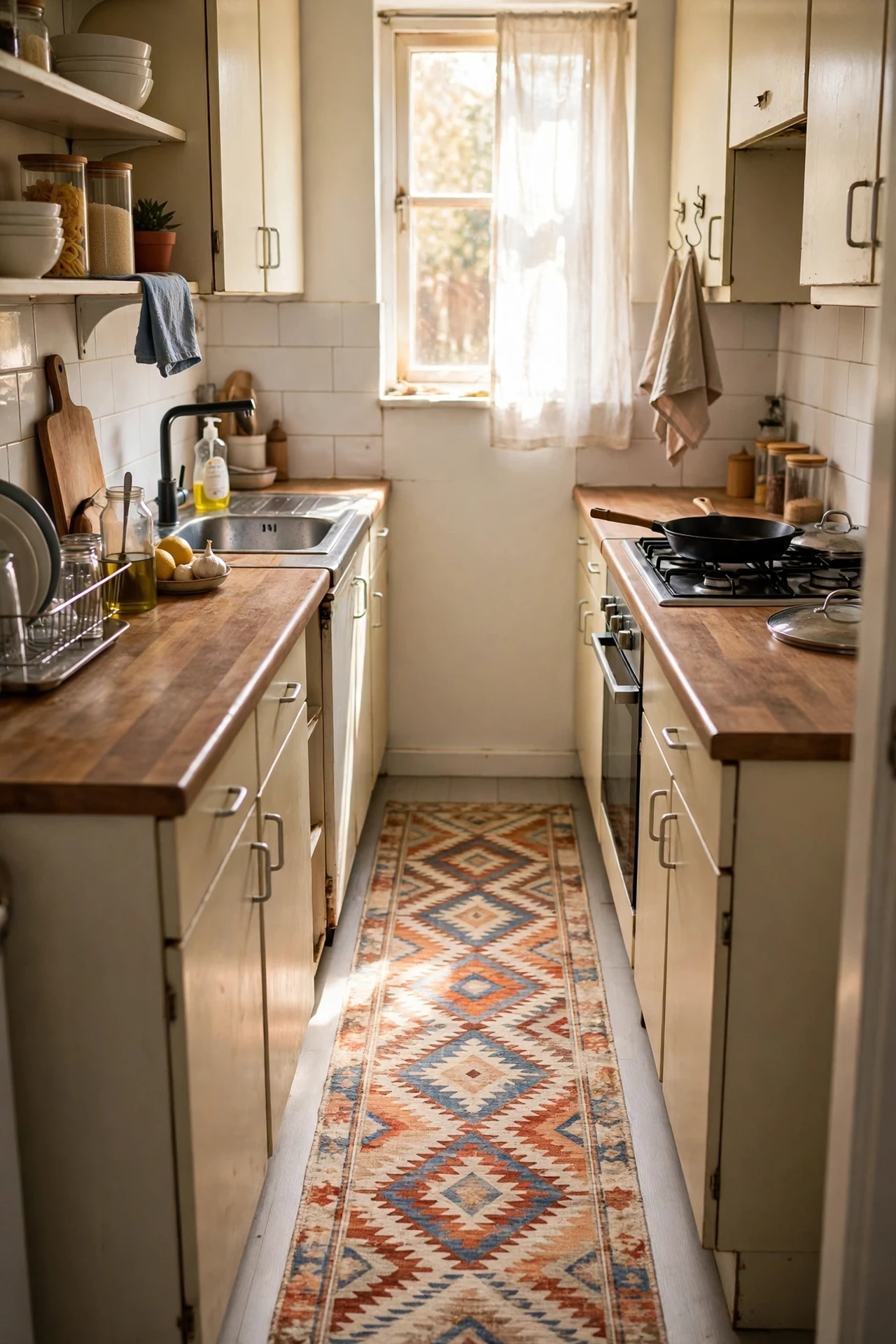 Patterned washable runner rug laid along narrow kitchen galley floor