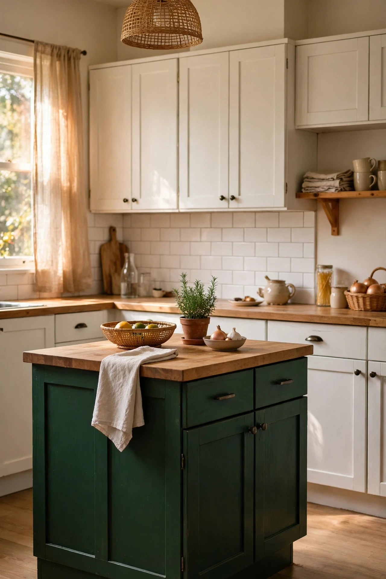 Freshly painted deep green kitchen island with white cabinets above