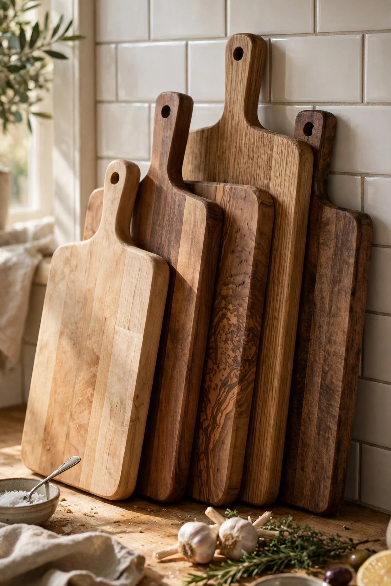 Wooden cutting boards in mixed tones leaning on kitchen splashback