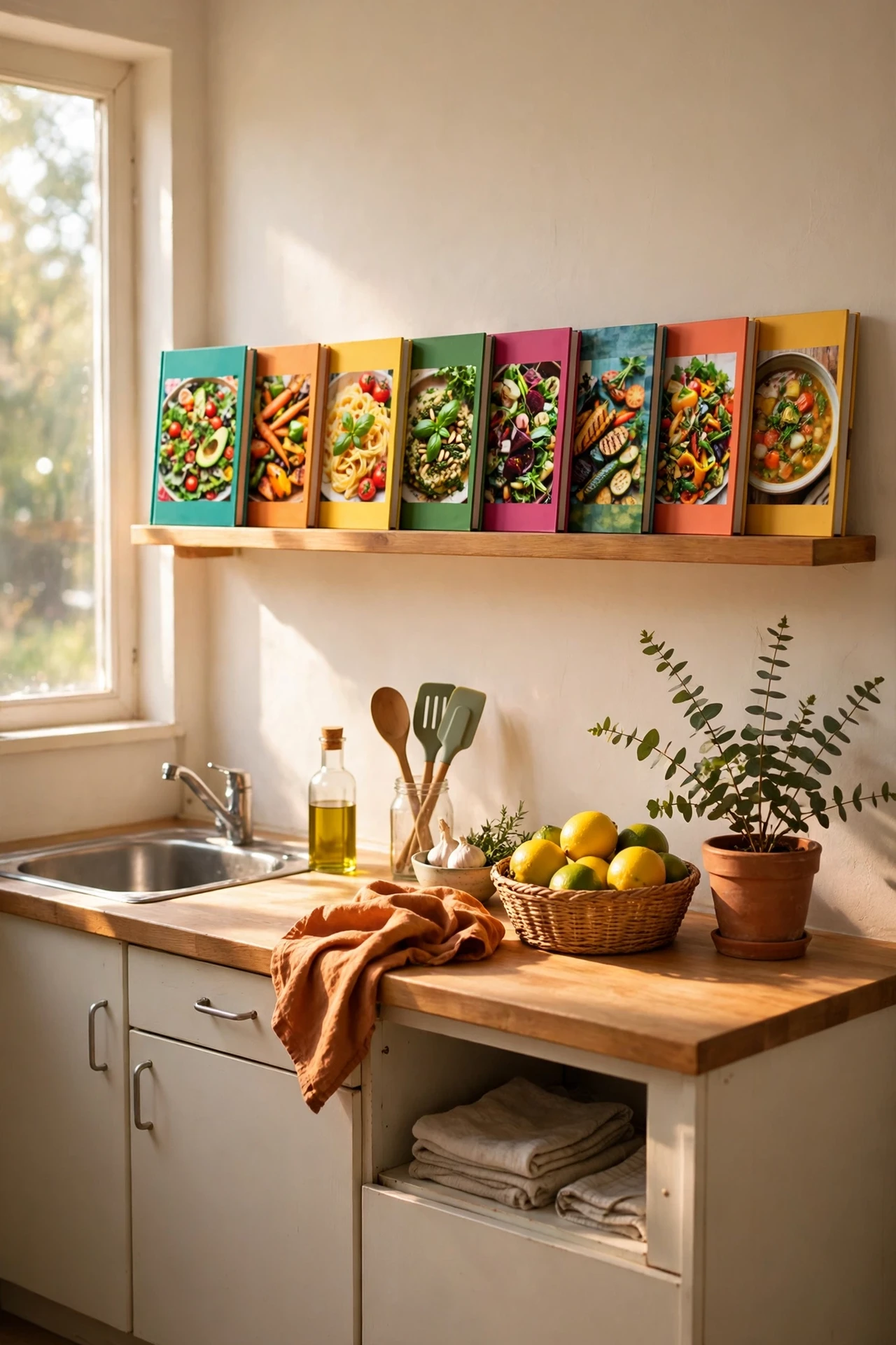 Cookbooks with pretty covers displayed on kitchen picture ledge shelf