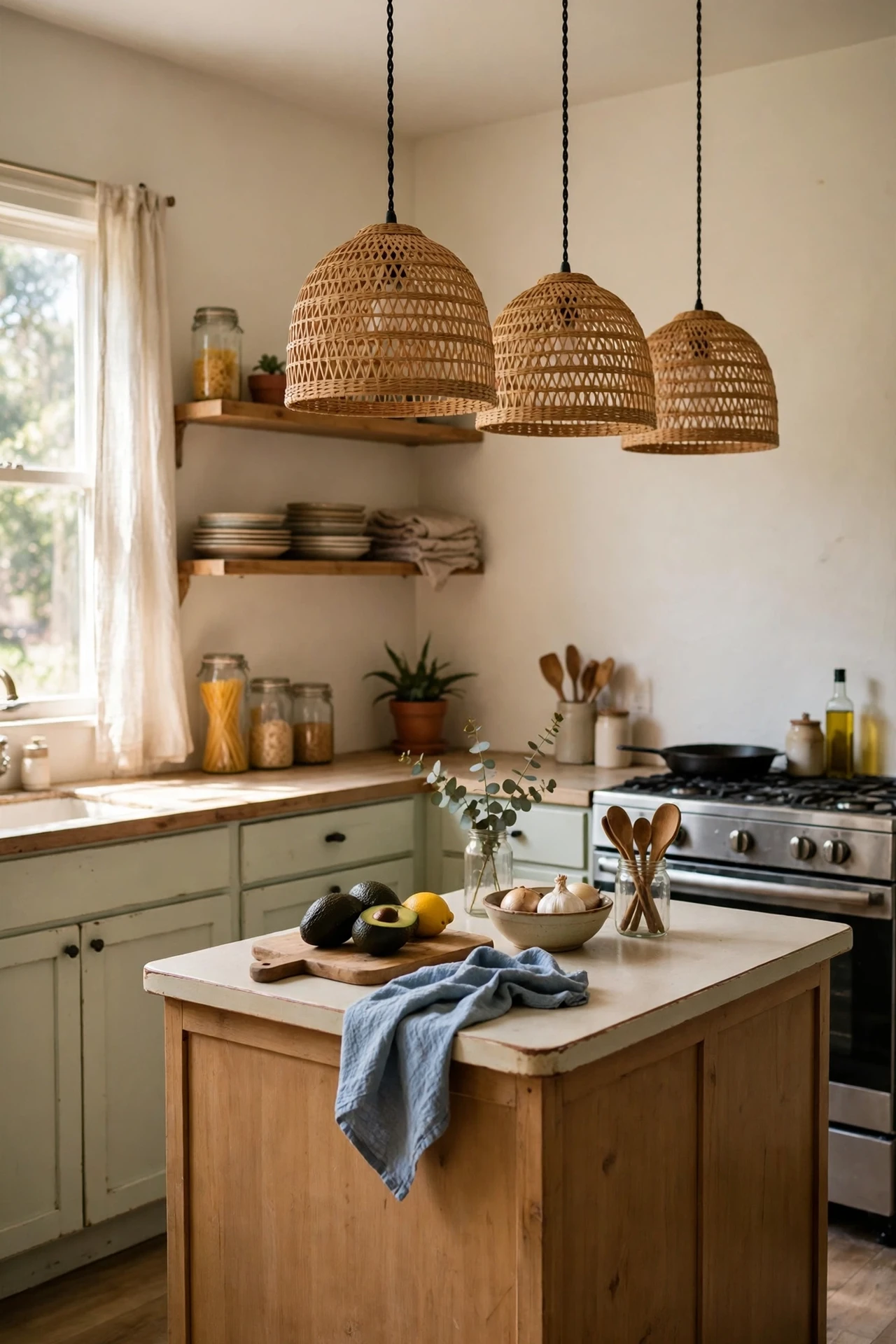 Two woven rattan pendant shade covers hanging over kitchen island