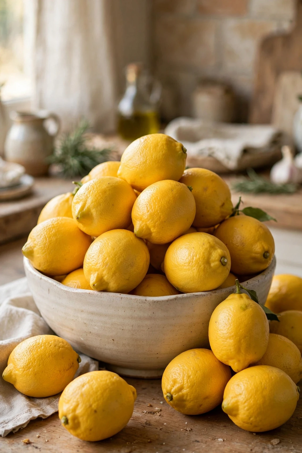Ceramic bowl piled high with lemons as kitchen worktop centrepiece