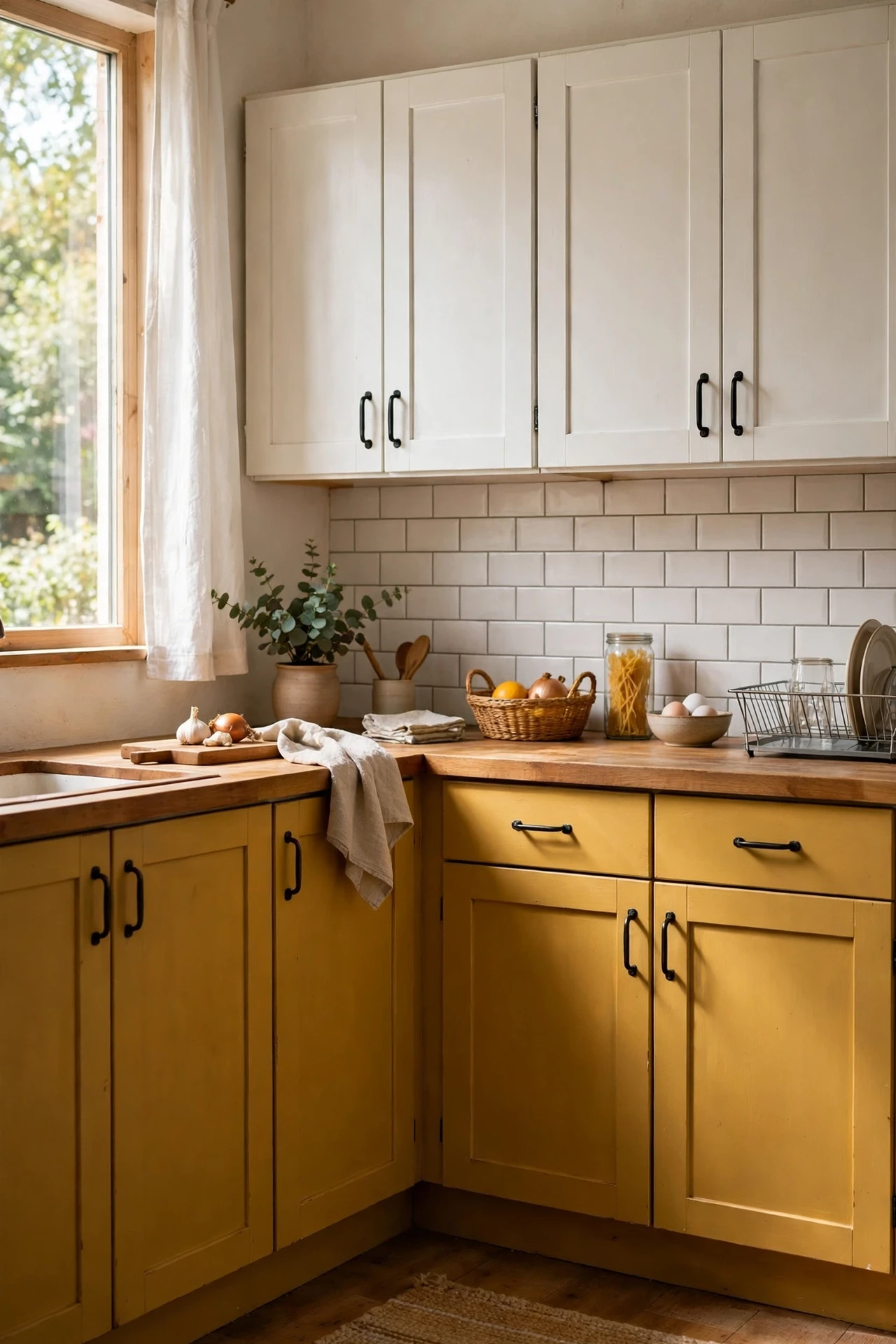 Kitchen lower cabinets painted rich mustard yellow with white uppers