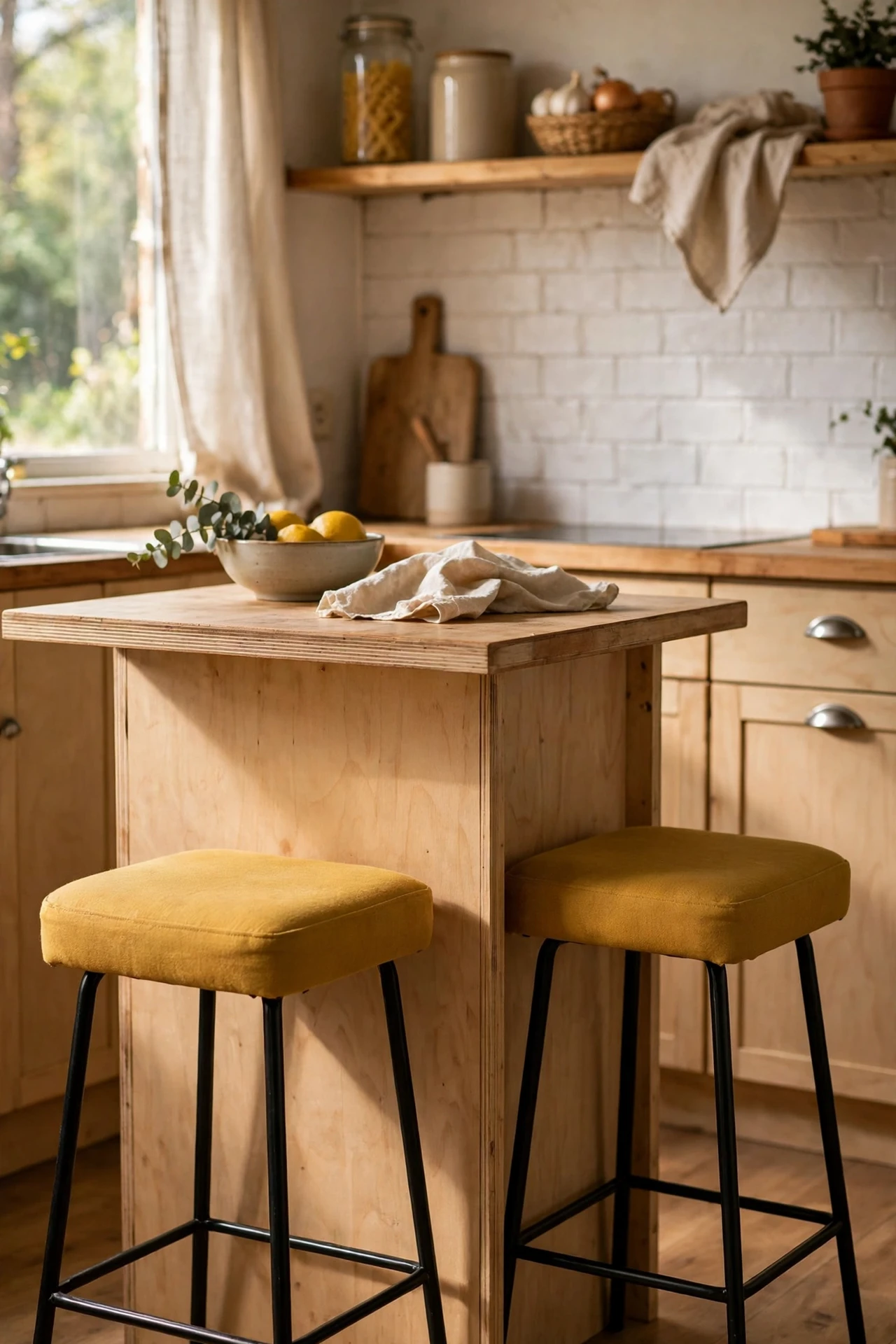 Pair of mustard yellow bar stools tucked under kitchen island