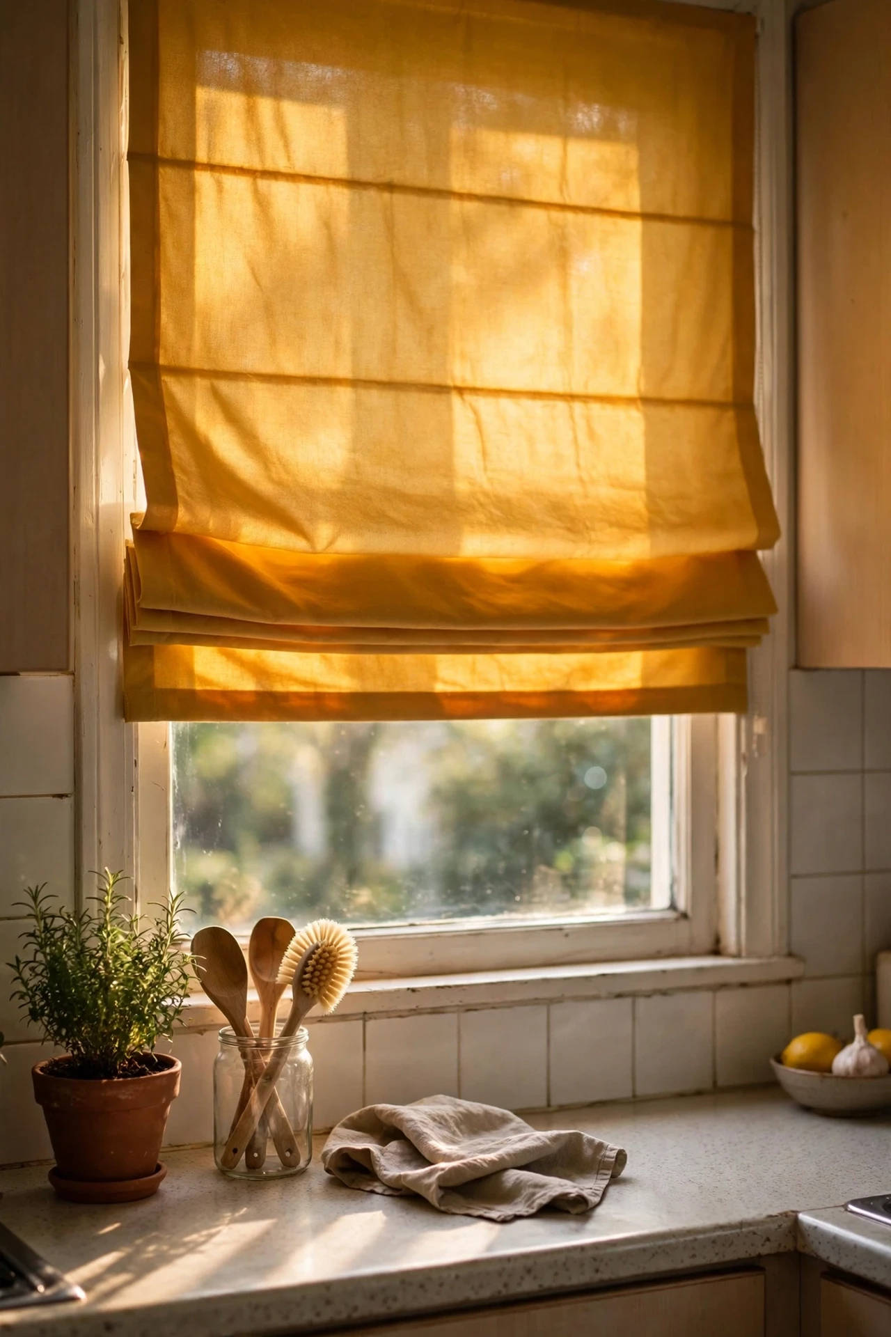Mustard yellow roman shade filtering warm light over kitchen sink