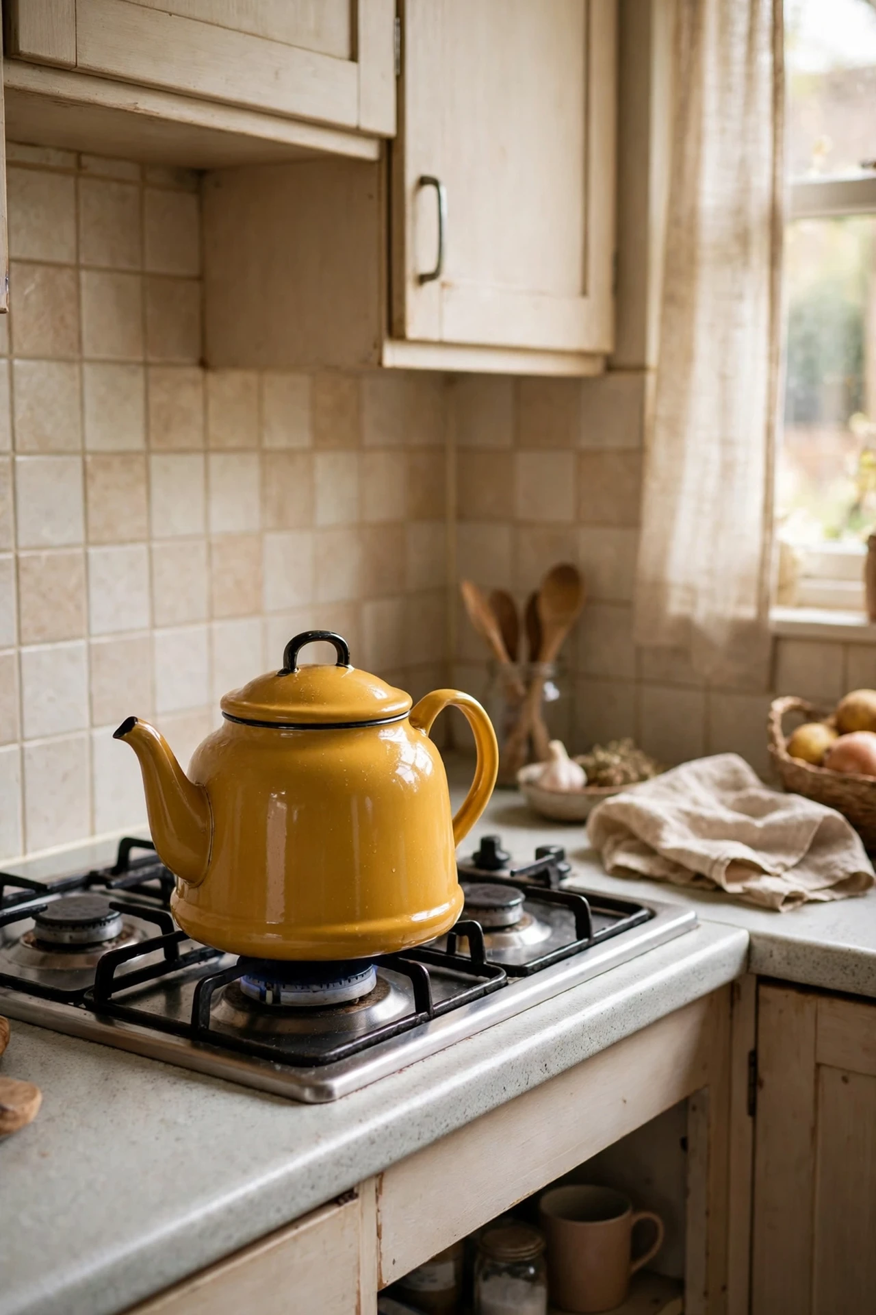 Mustard enamel stovetop kettle sitting on gas hob in kitchen