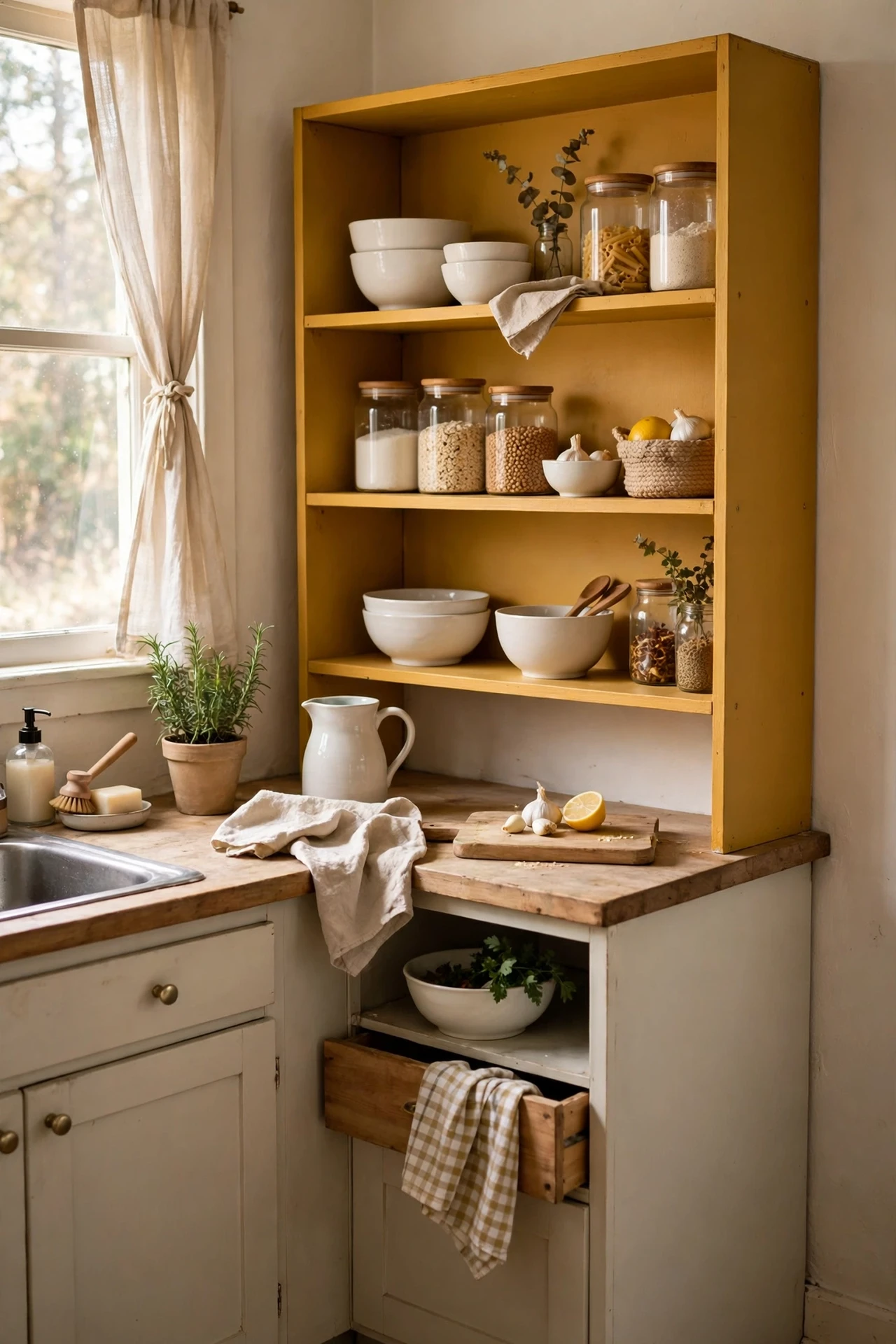 Mustard painted open kitchen shelf styled with white crockery