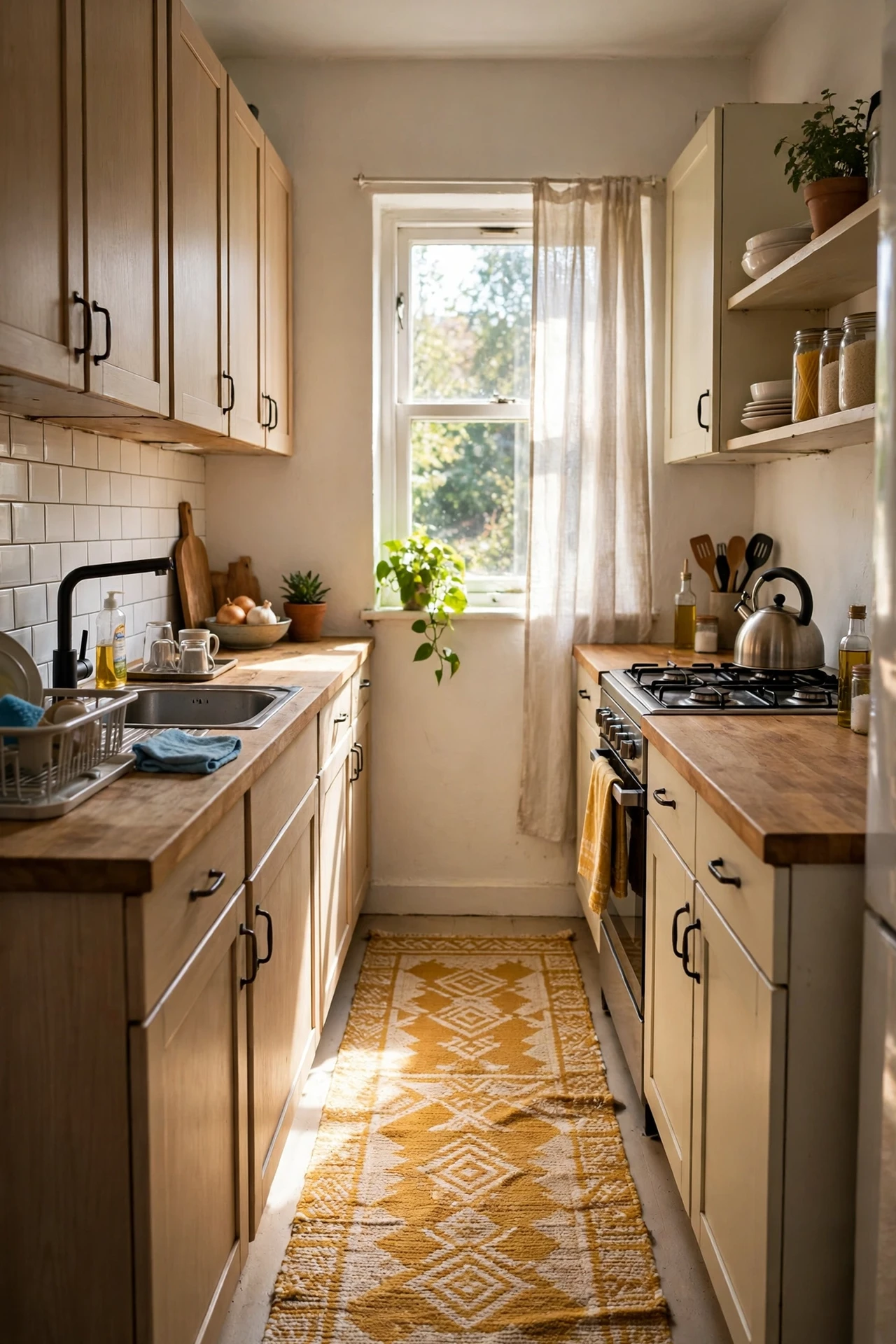 Mustard and cream patterned washable runner in galley kitchen