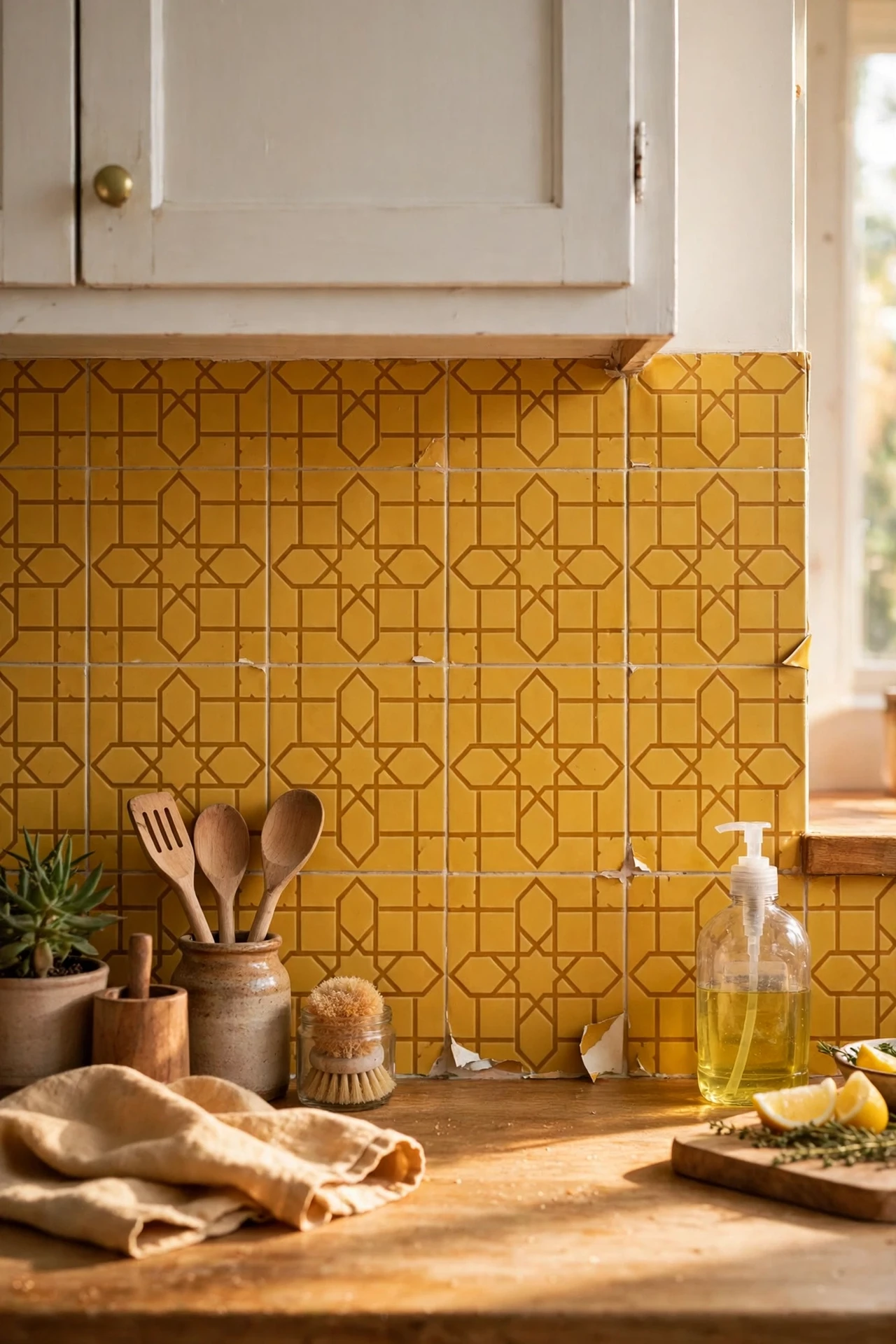 Mustard moroccan peel-and-stick tiles on kitchen splashback wall