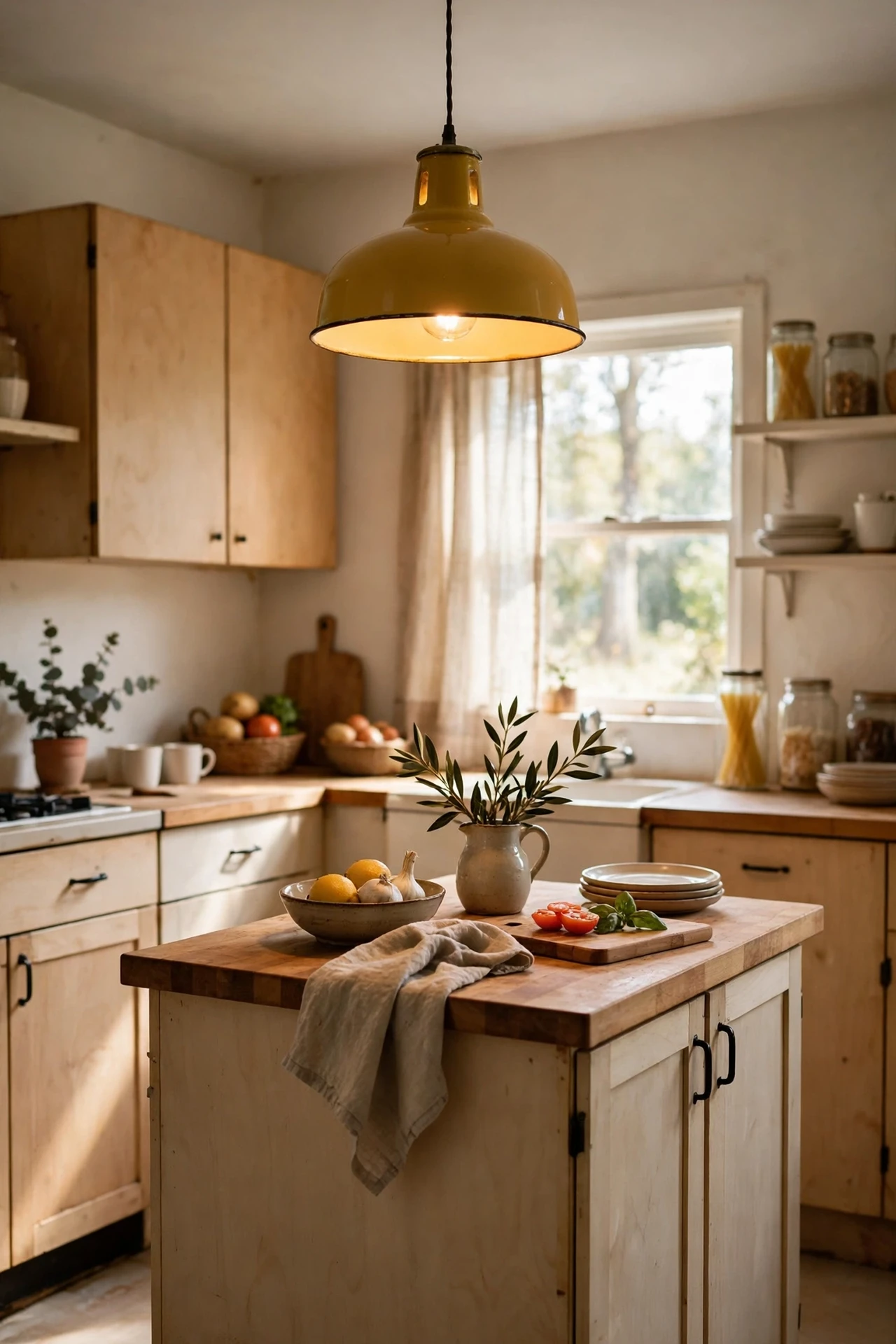 Mustard enamel pendant light hanging over dark kitchen island