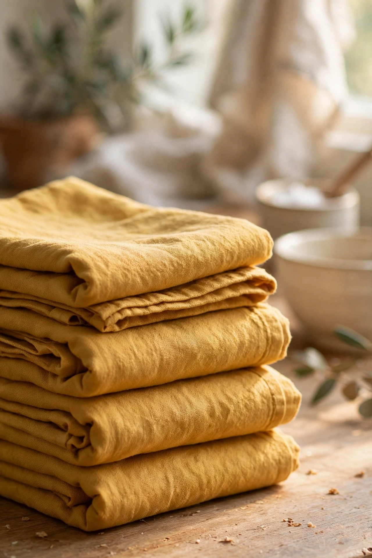 Stack of mustard cotton dish towels folded on kitchen worktop