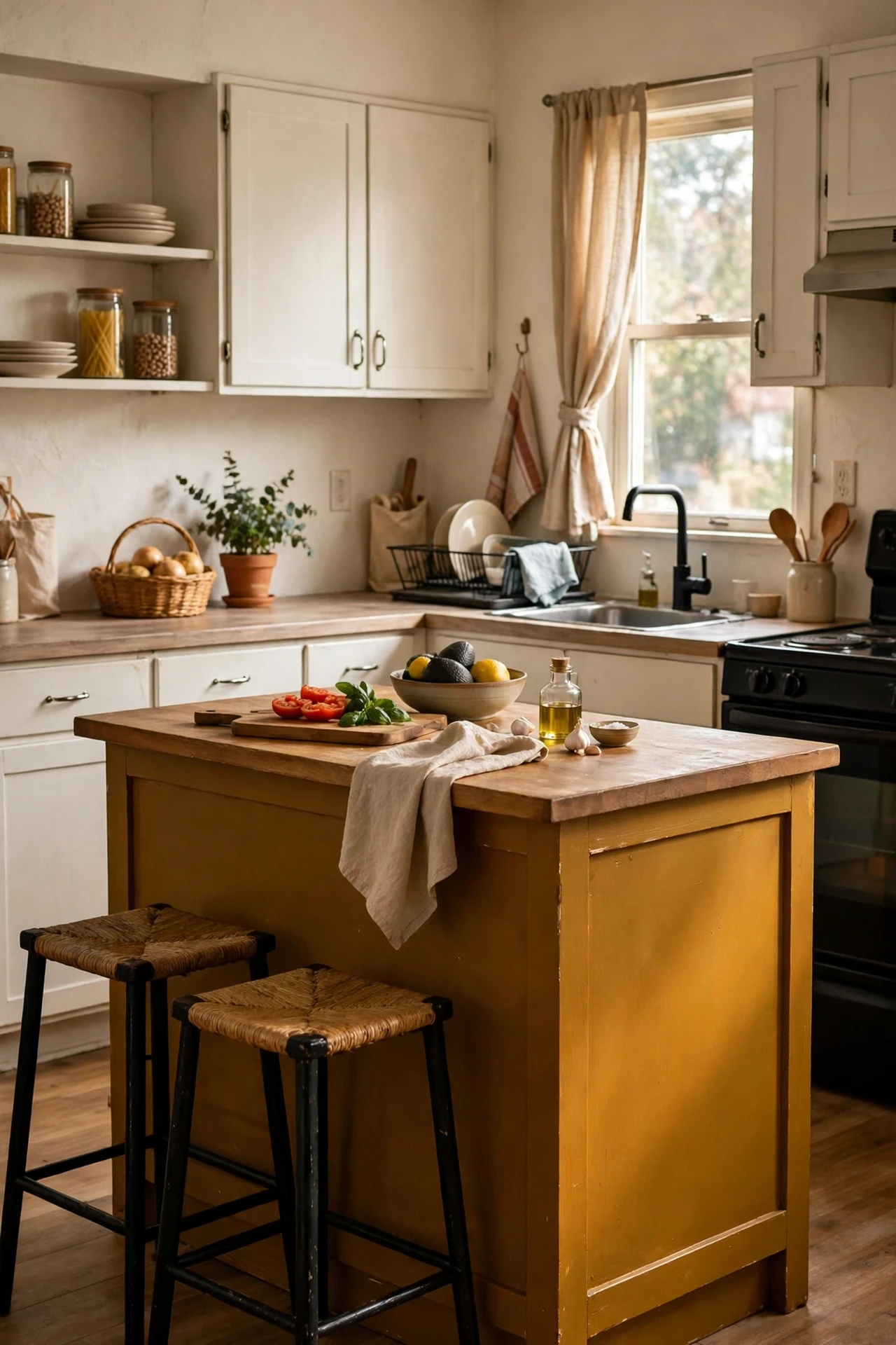 Kitchen island painted deep mustard ochre with brass hardware