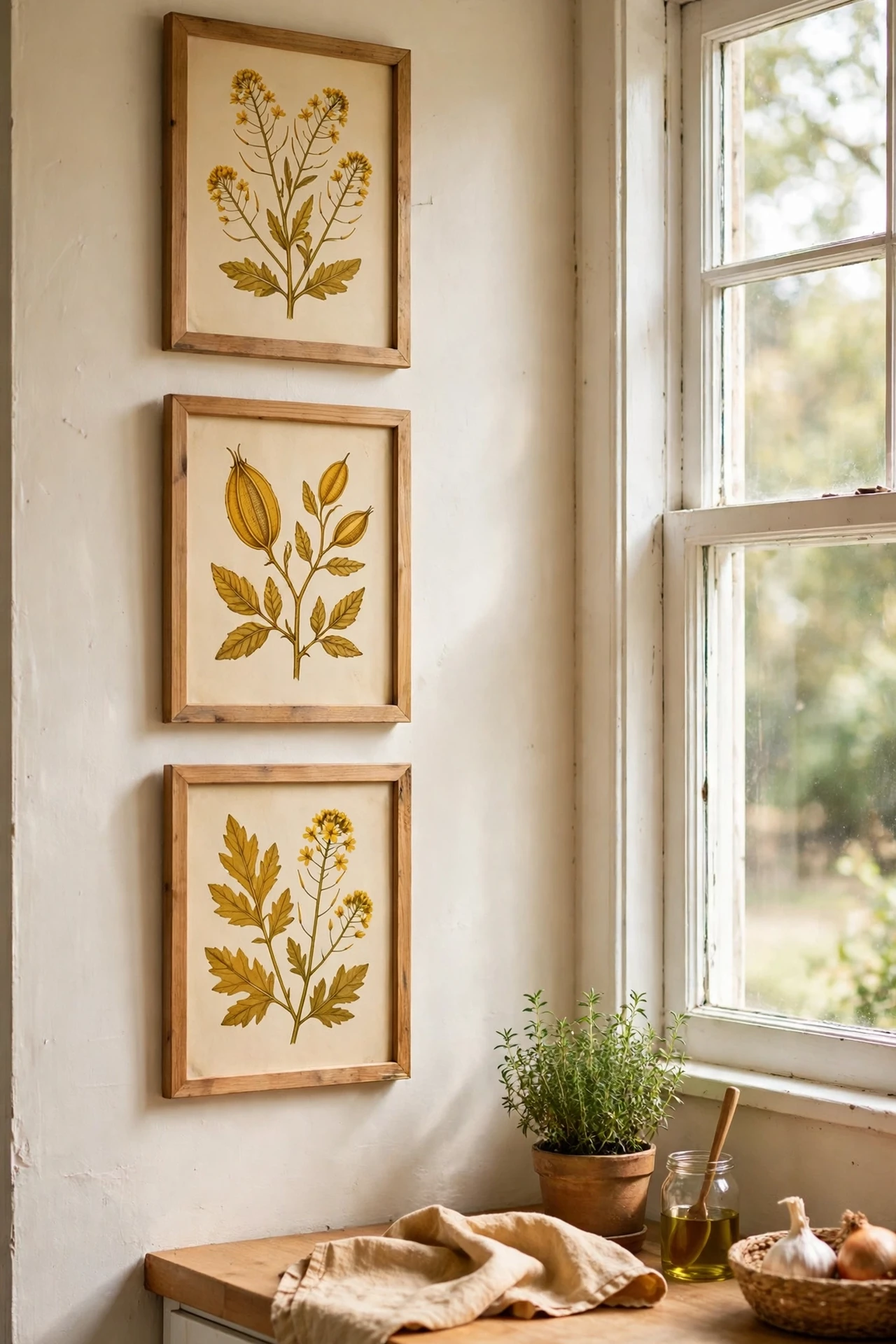 Trio of framed mustard botanical prints hung beside kitchen window