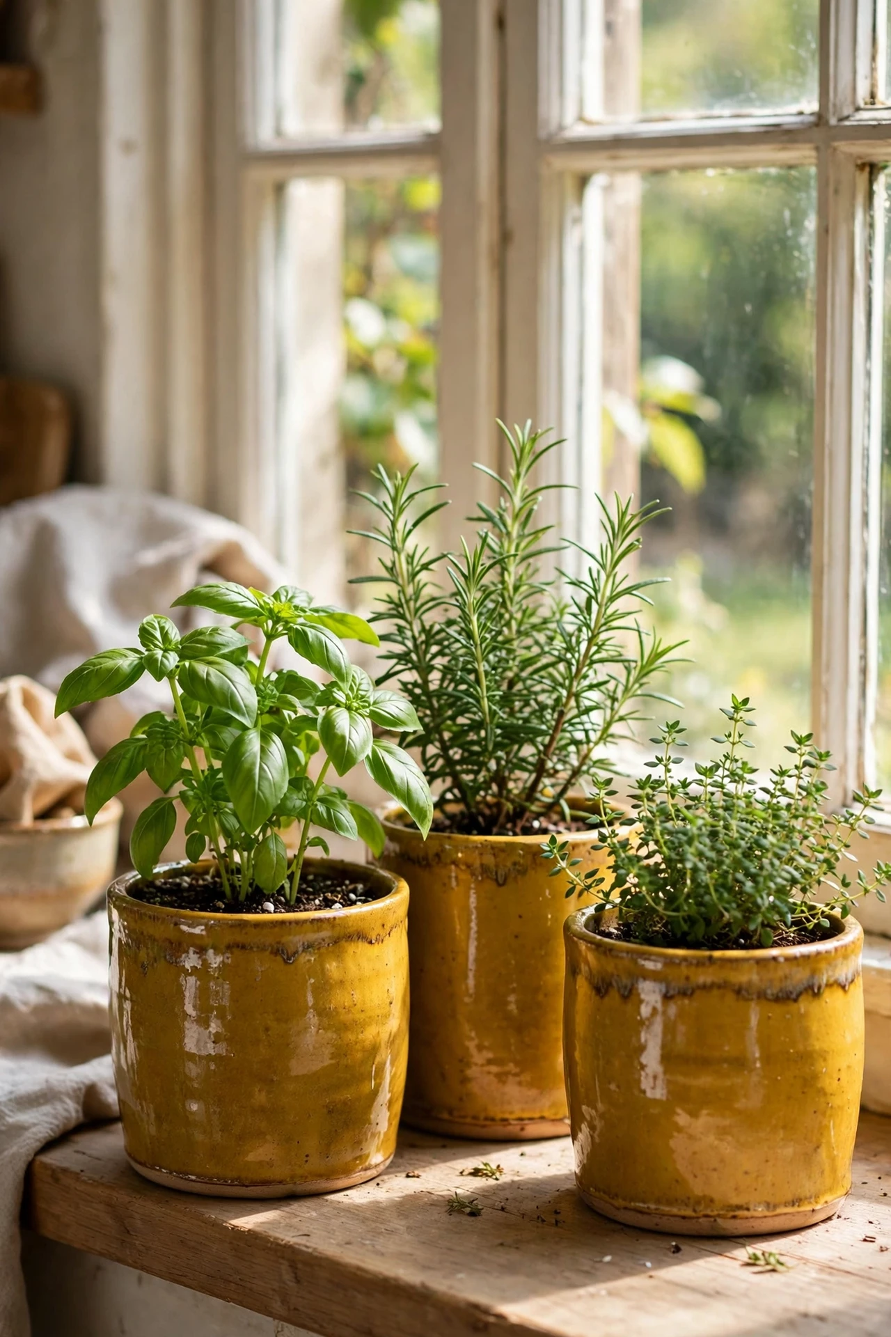 Mustard glazed planters with fresh basil on sunny kitchen windowsill