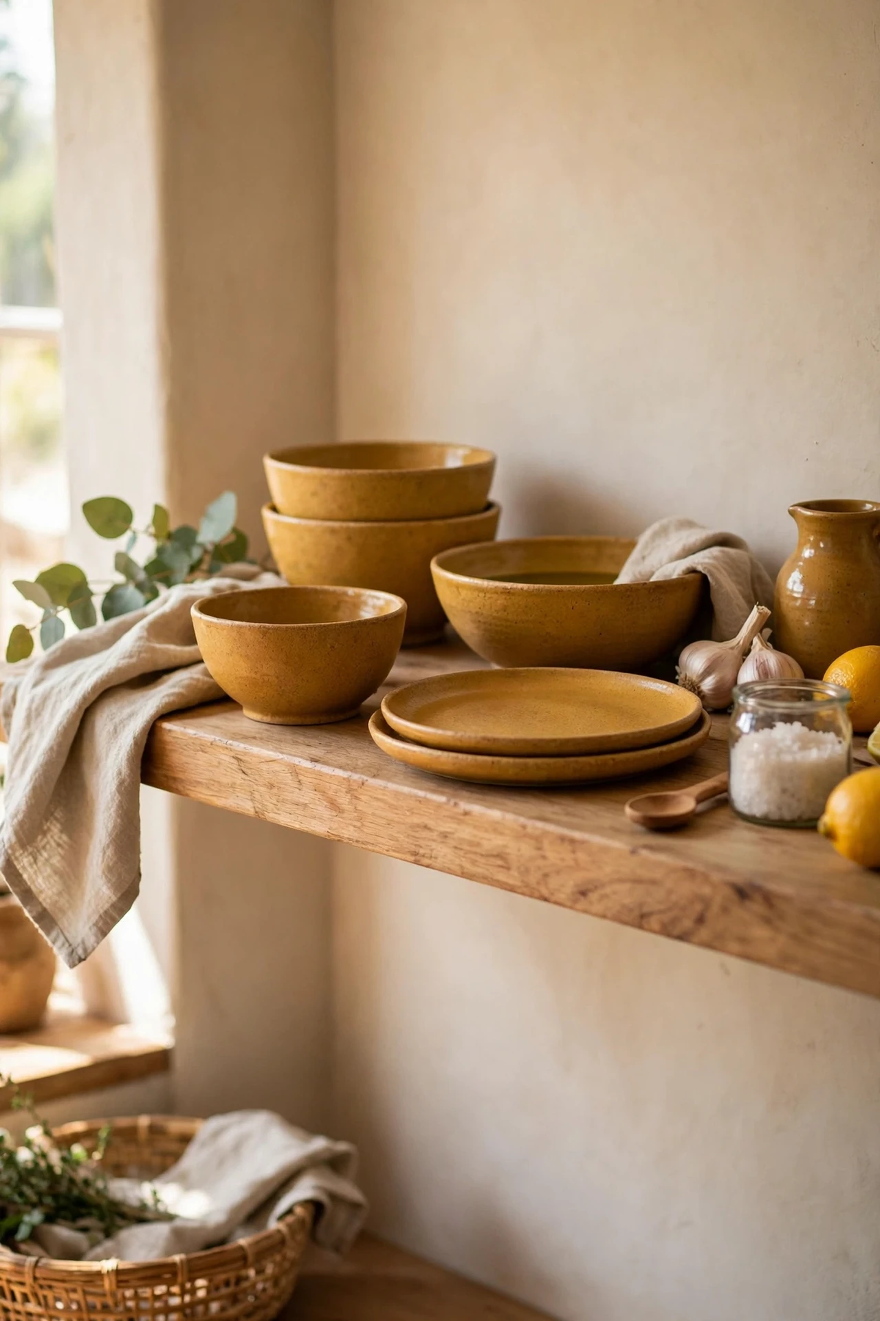 Mustard stoneware bowls stacked beside white plates on shelf