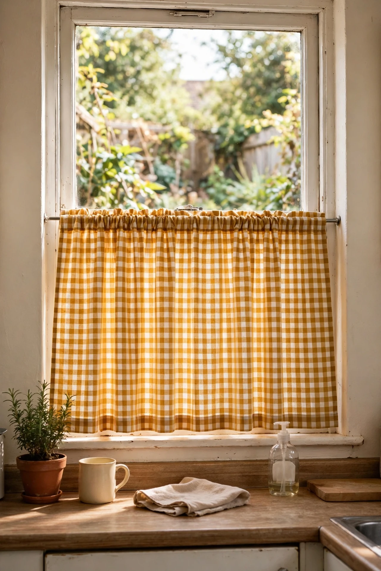Mustard gingham cafe curtain on tension rod in kitchen window
