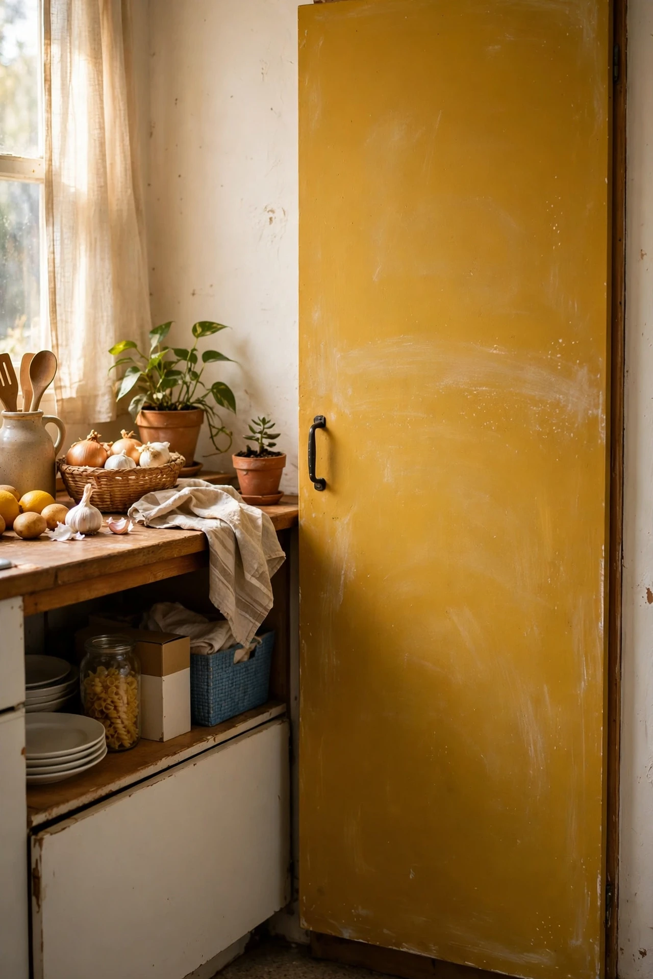 Mustard chalkboard painted cupboard door with handwritten weekly menu