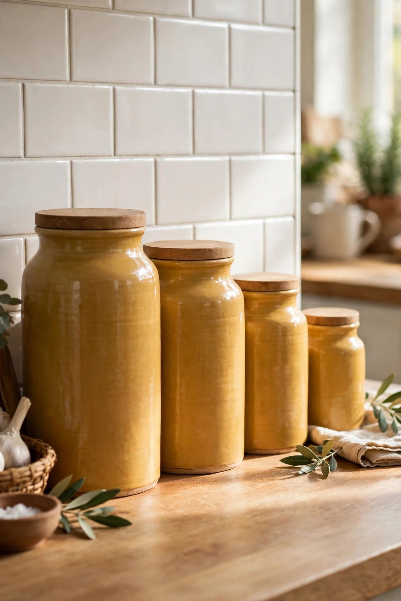 Graduated set of mustard ceramic canisters lined along kitchen splashback