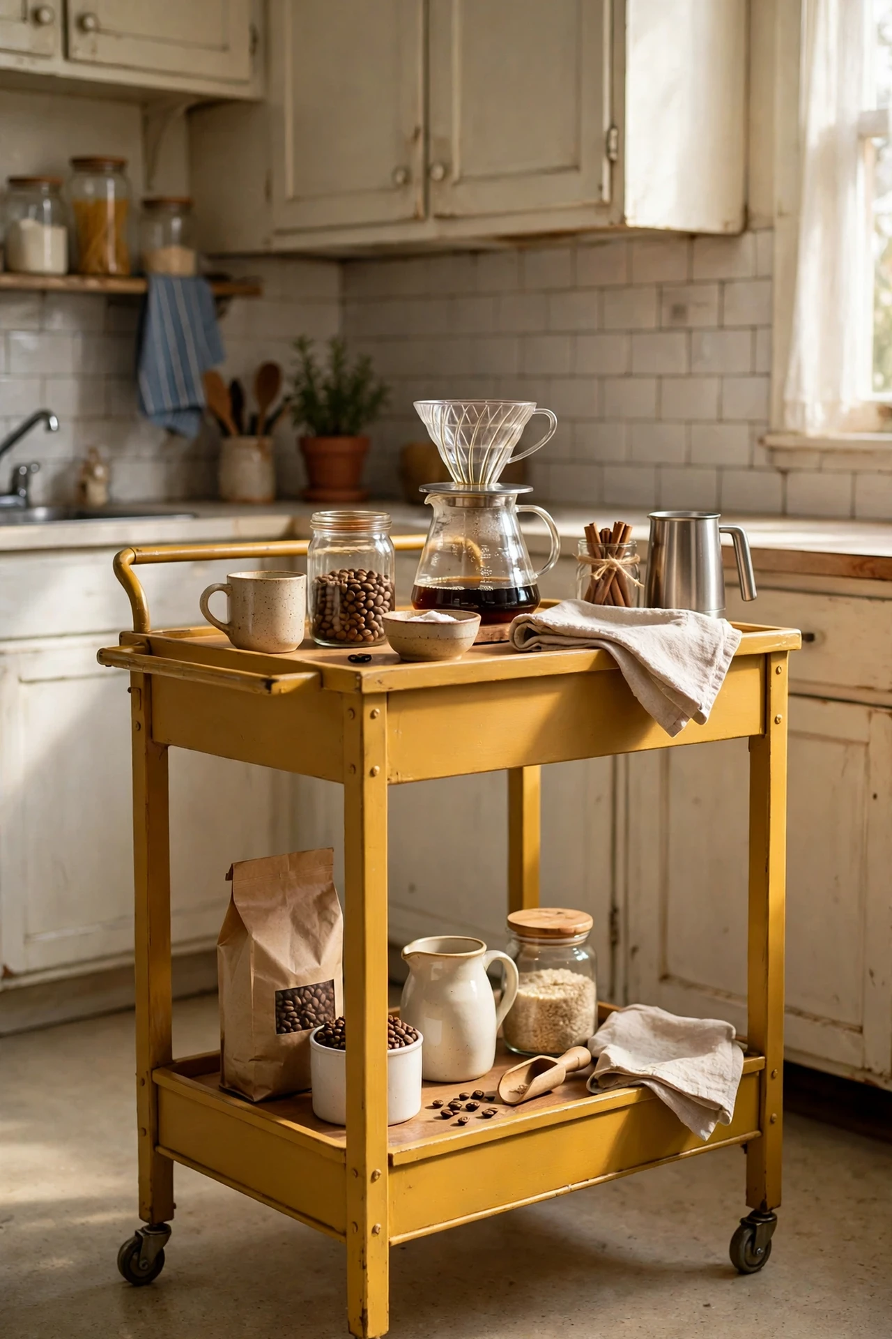 Mustard painted bar cart styled as coffee station in kitchen