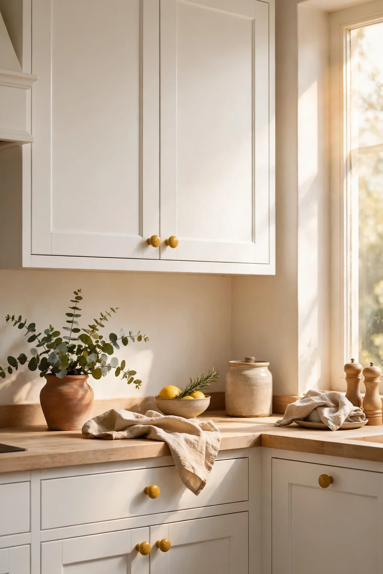 White kitchen cabinets dotted with small mustard ceramic knobs