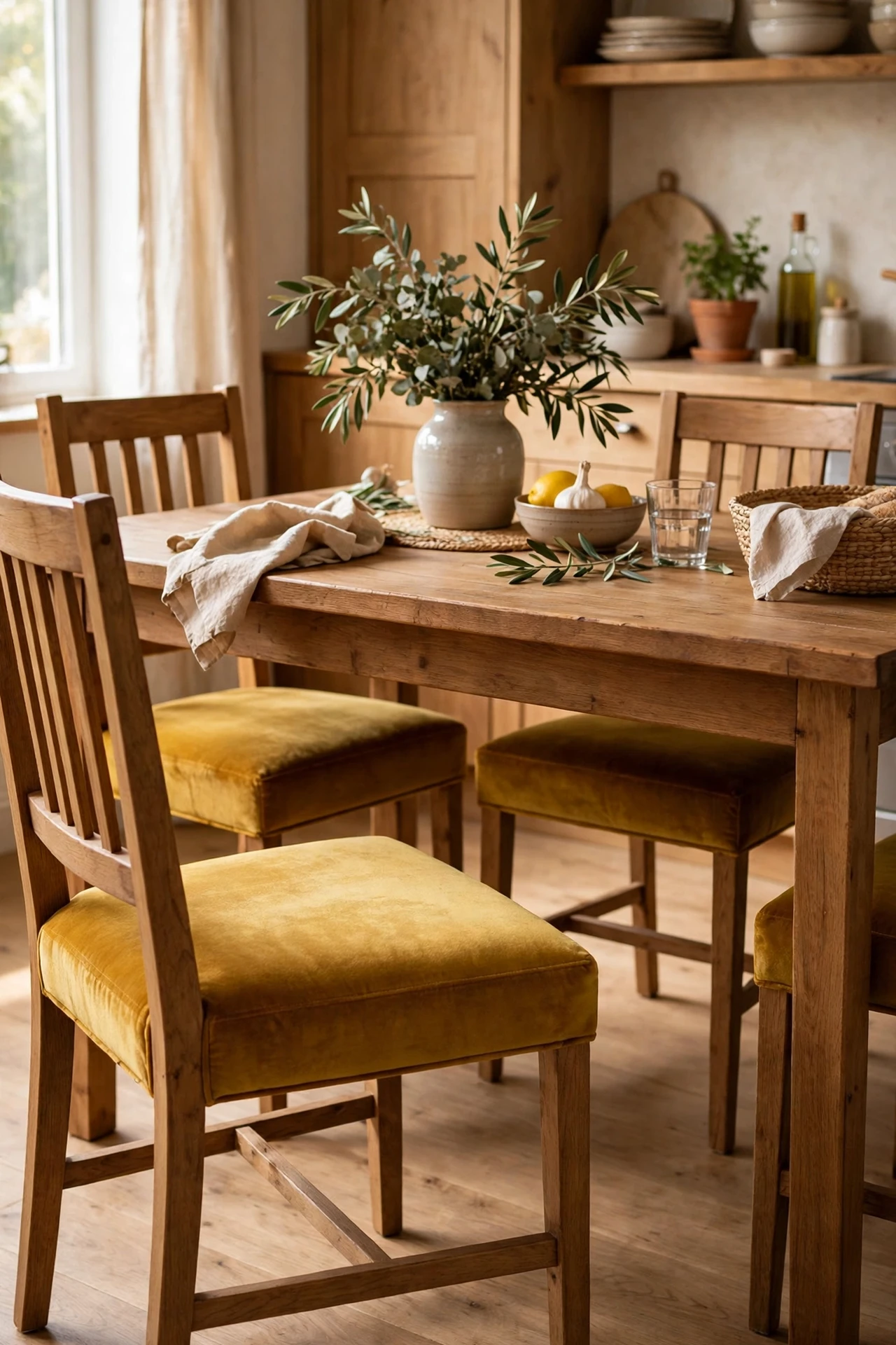 Dining chairs with seats recovered in mustard velvet fabric