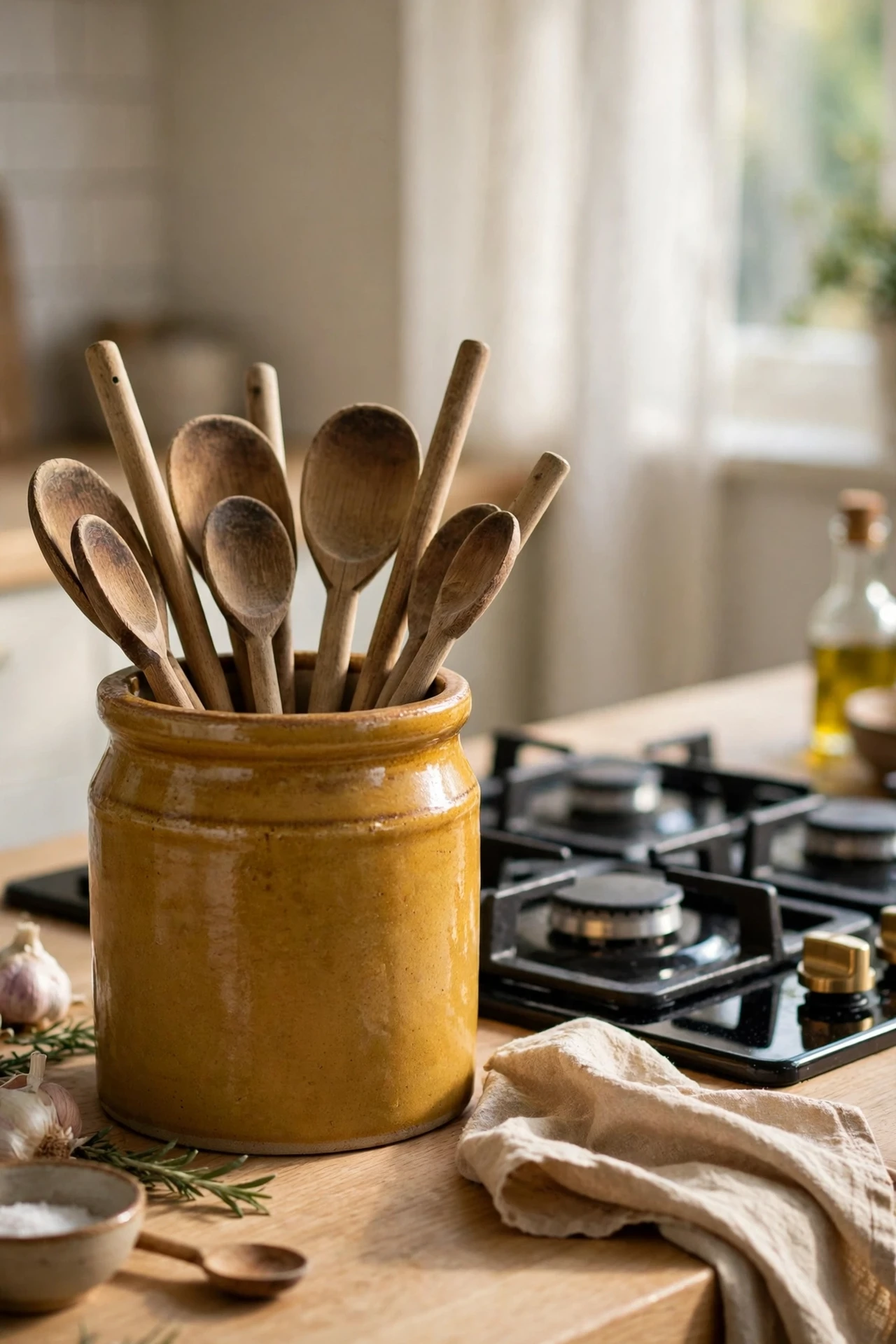 Mustard ceramic utensil crock holding wooden spoons by hob