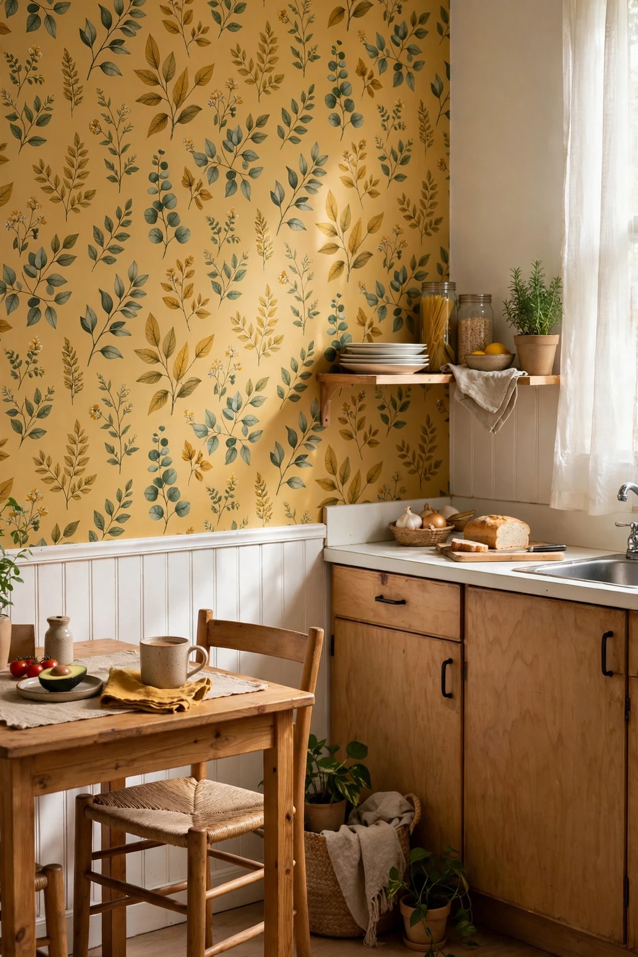 Mustard botanical wallpaper on single accent wall in dining corner