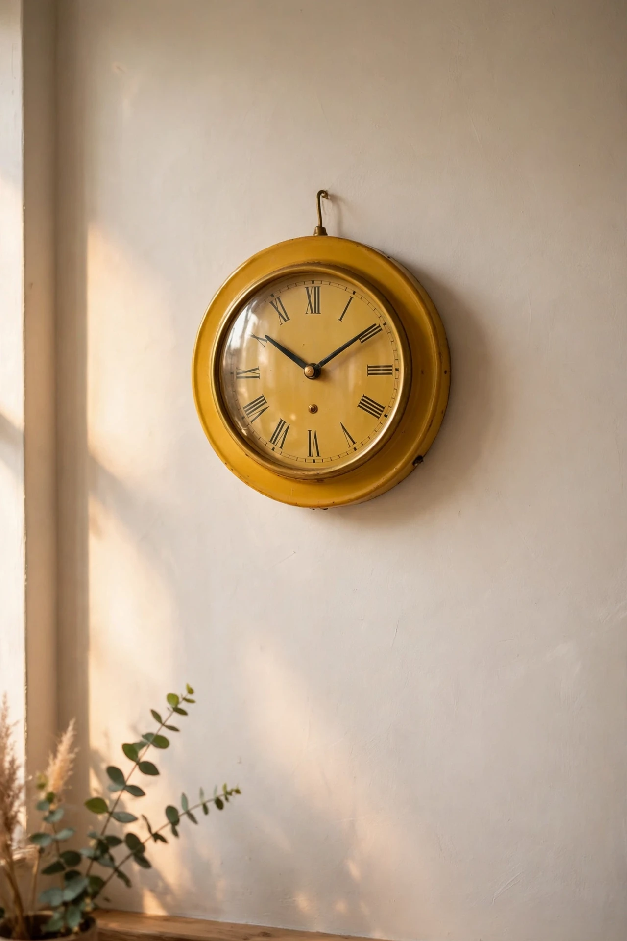 Retro mustard wall clock hung on plain kitchen wall