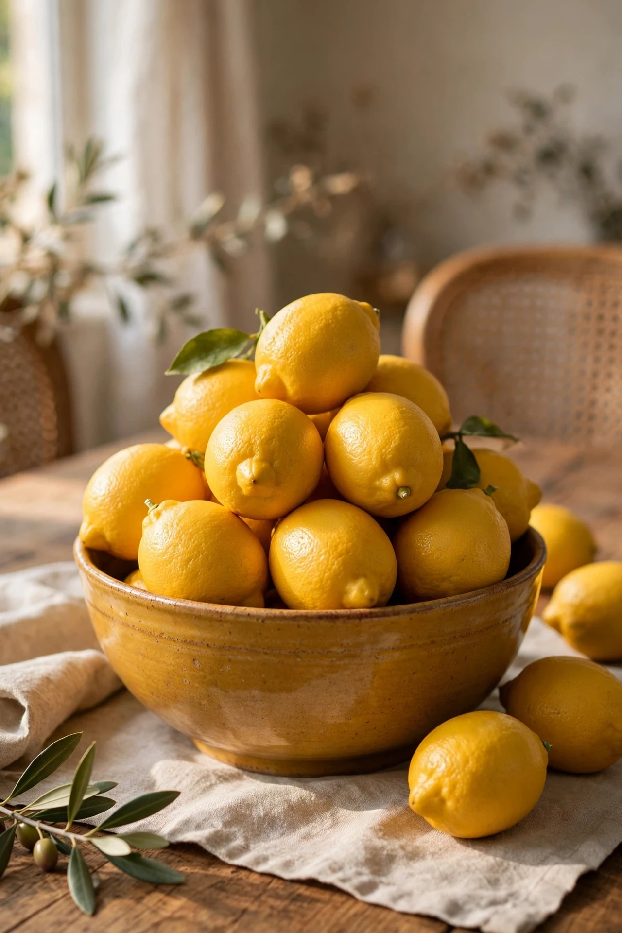 Mustard ceramic bowl piled with lemons on dining table
