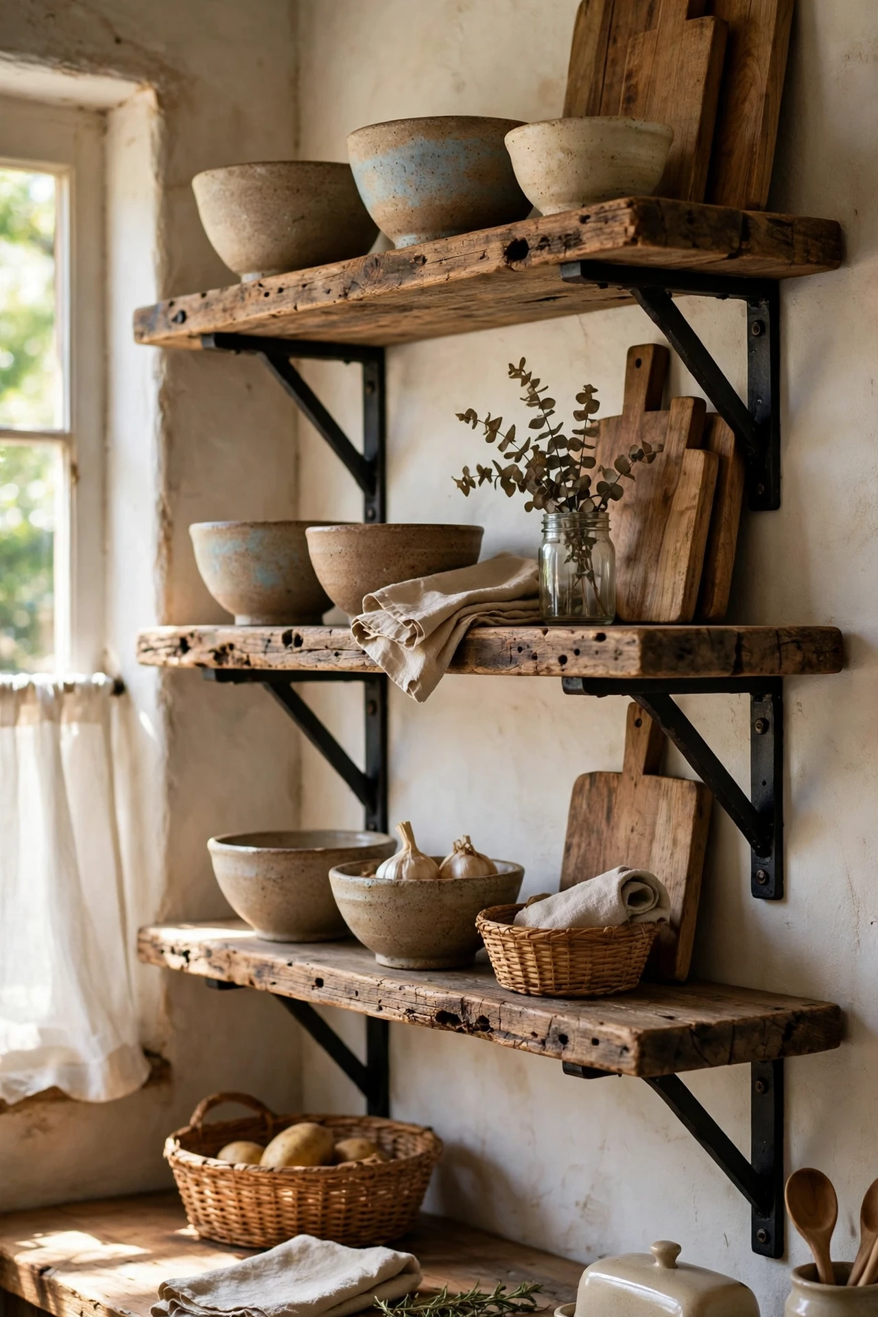 Reclaimed wood shelves holding stoneware in a rustic kitchen